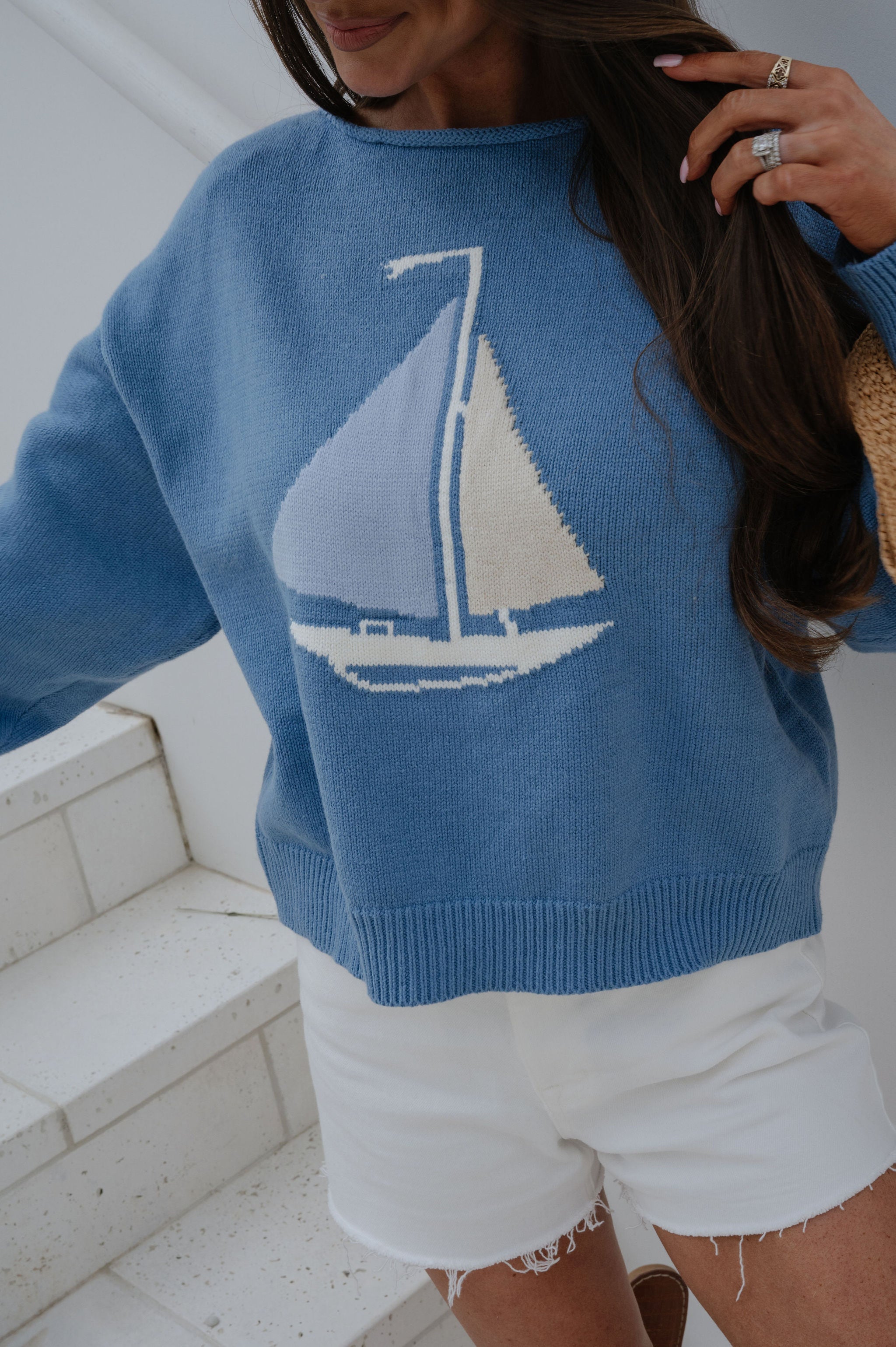 Boat Neck Sweater Top-Blue