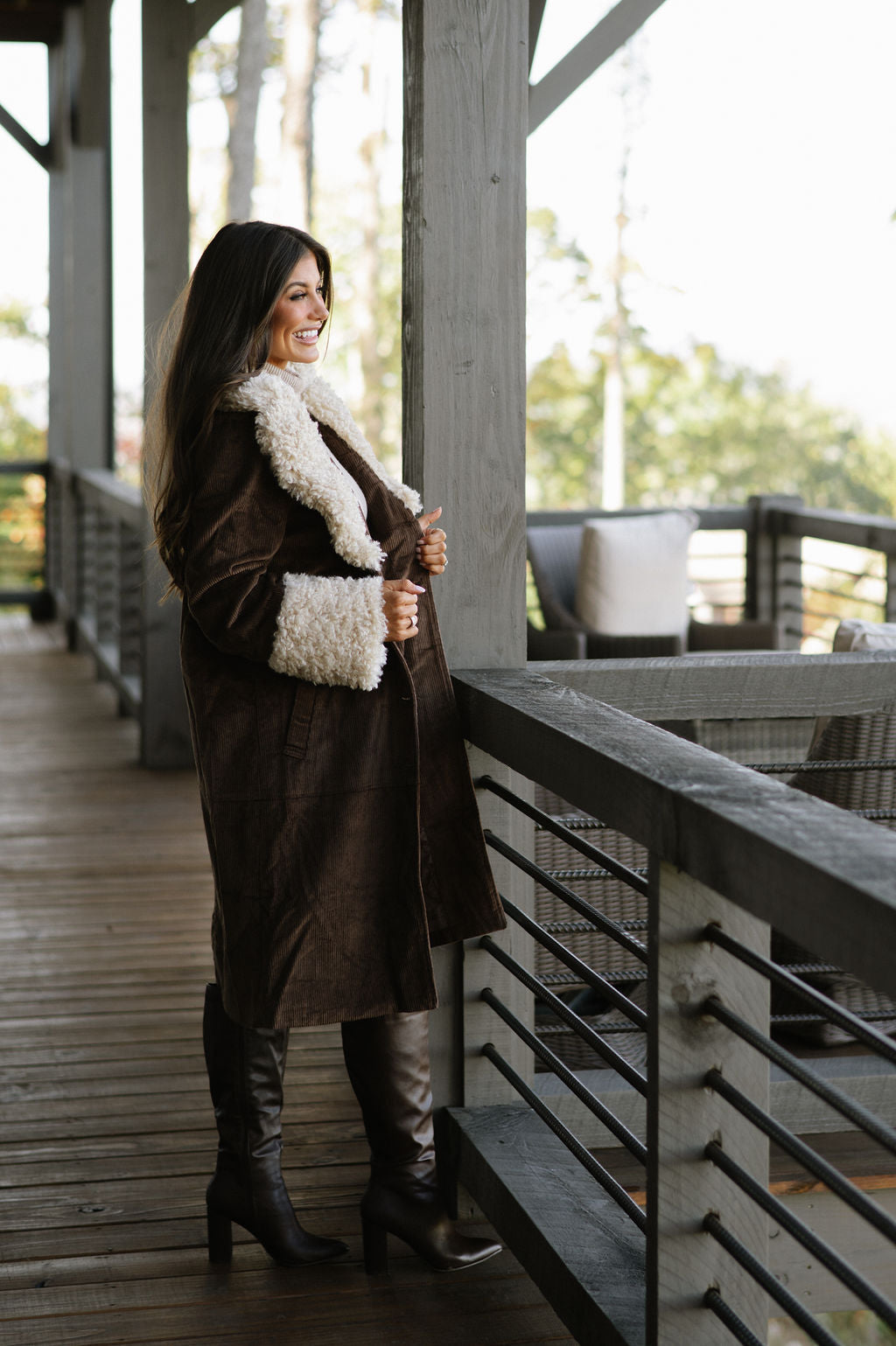 Faux Fur Trench Coat-Brown