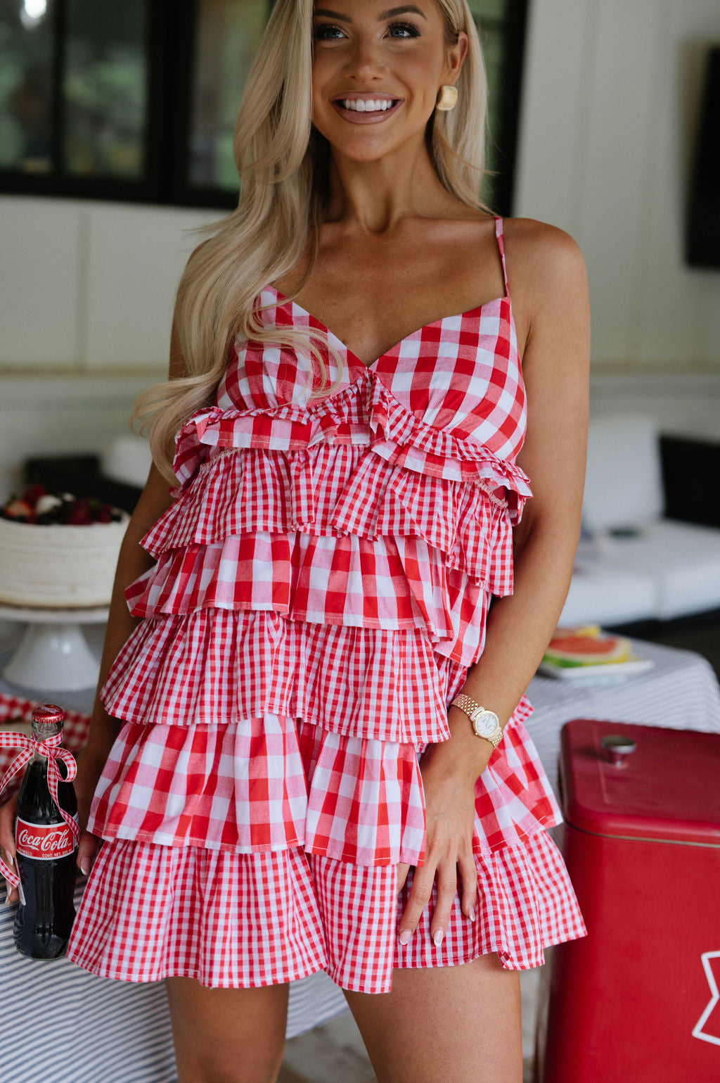 Gingham Ruffle Mini Dress-Red/White