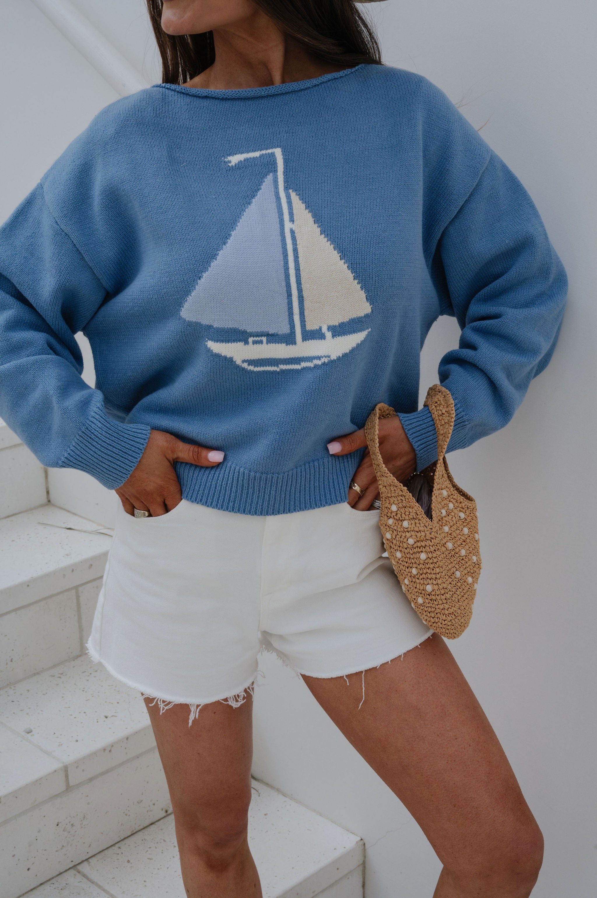 Boat Neck Sweater Top-Blue