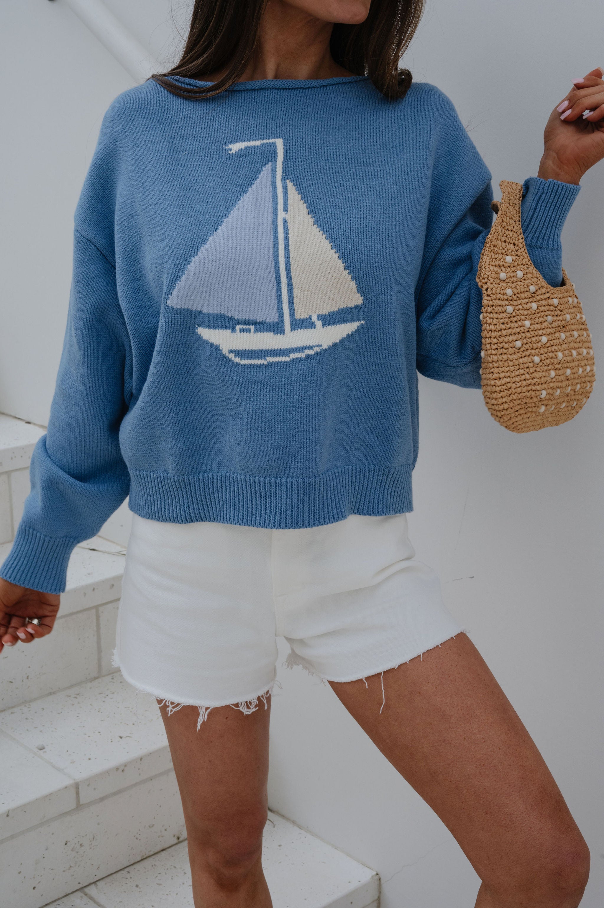 Boat Neck Sweater Top-Blue
