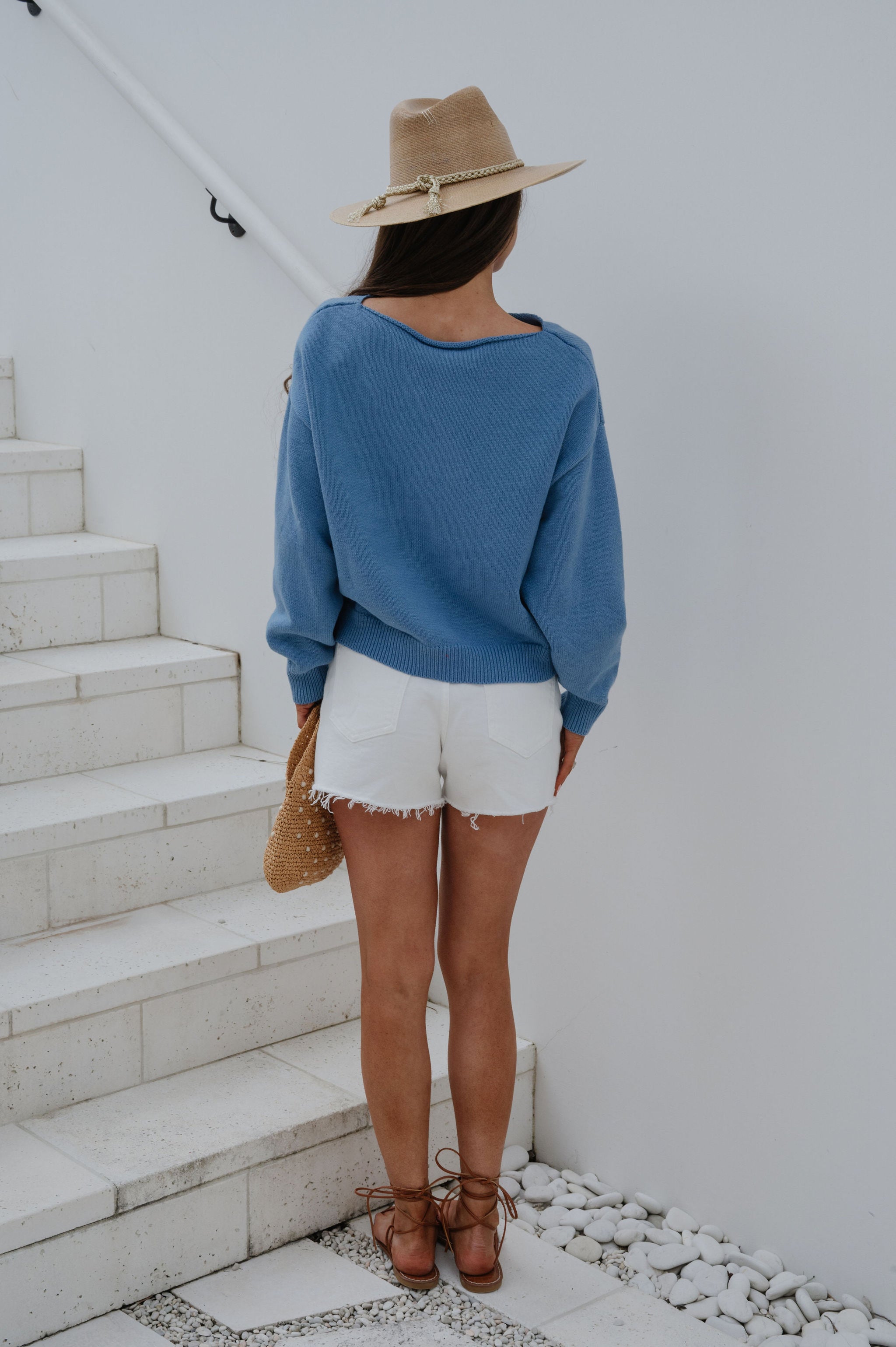 Boat Neck Sweater Top-Blue