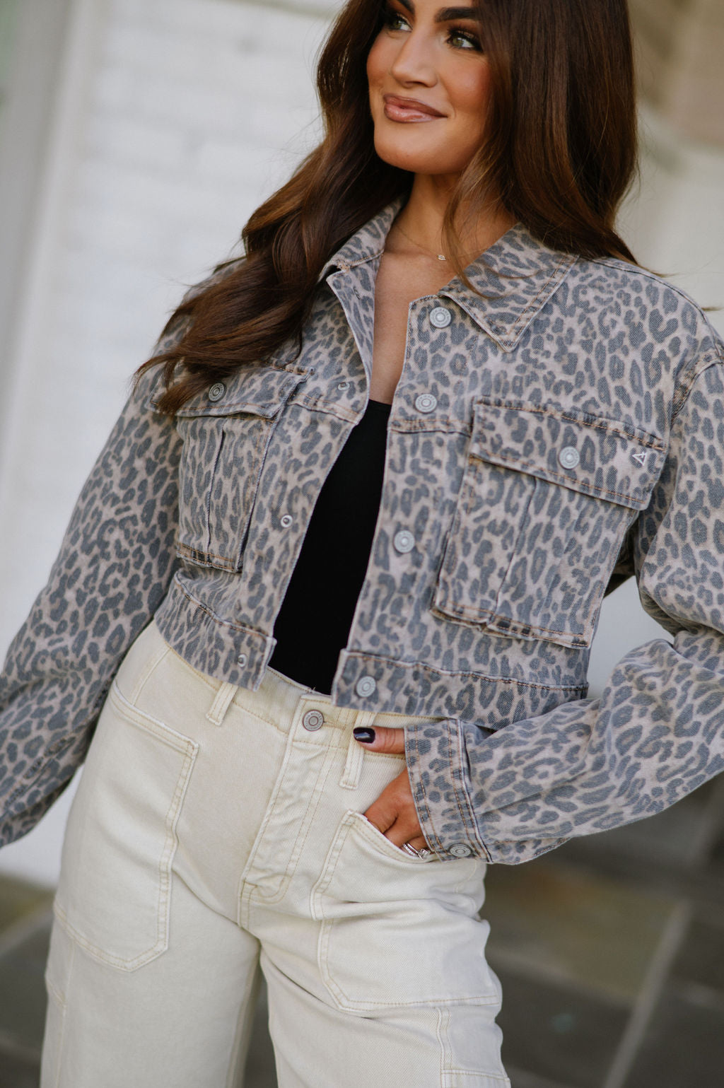 Cropped Denim Cargo Jacket-Cheetah