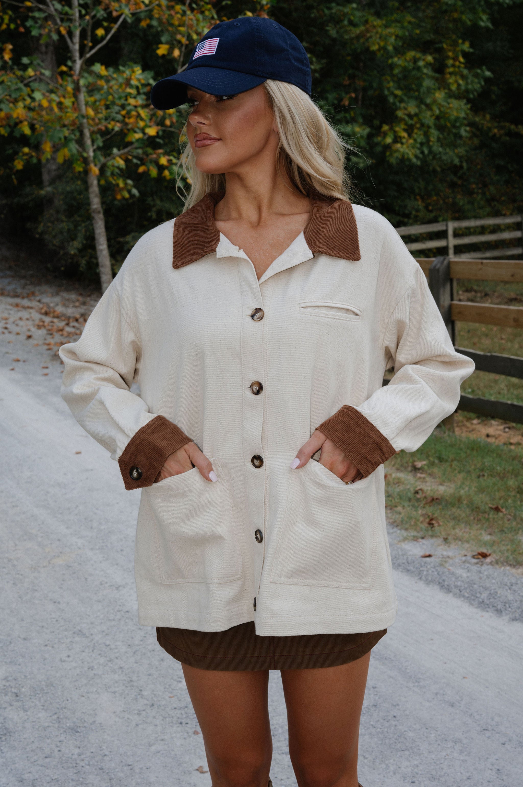Button Down Barn Jacket-Cream/Brown