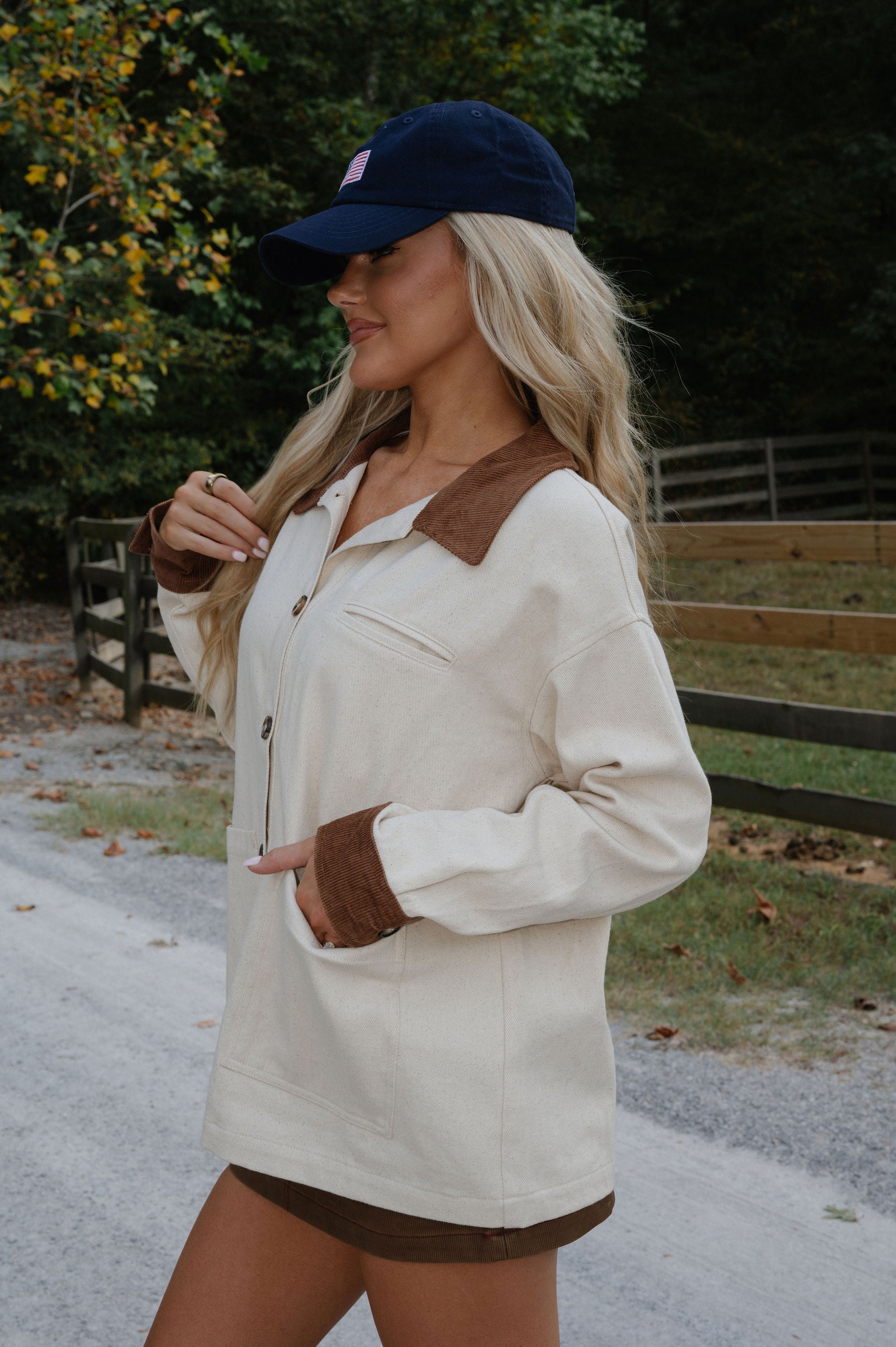 Button Down Barn Jacket-Cream/Brown