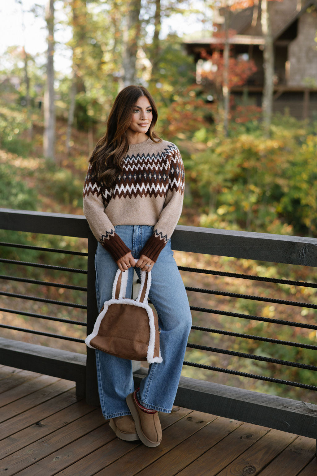 Emilee Crew Neck Sweater-Tan/Chocolate