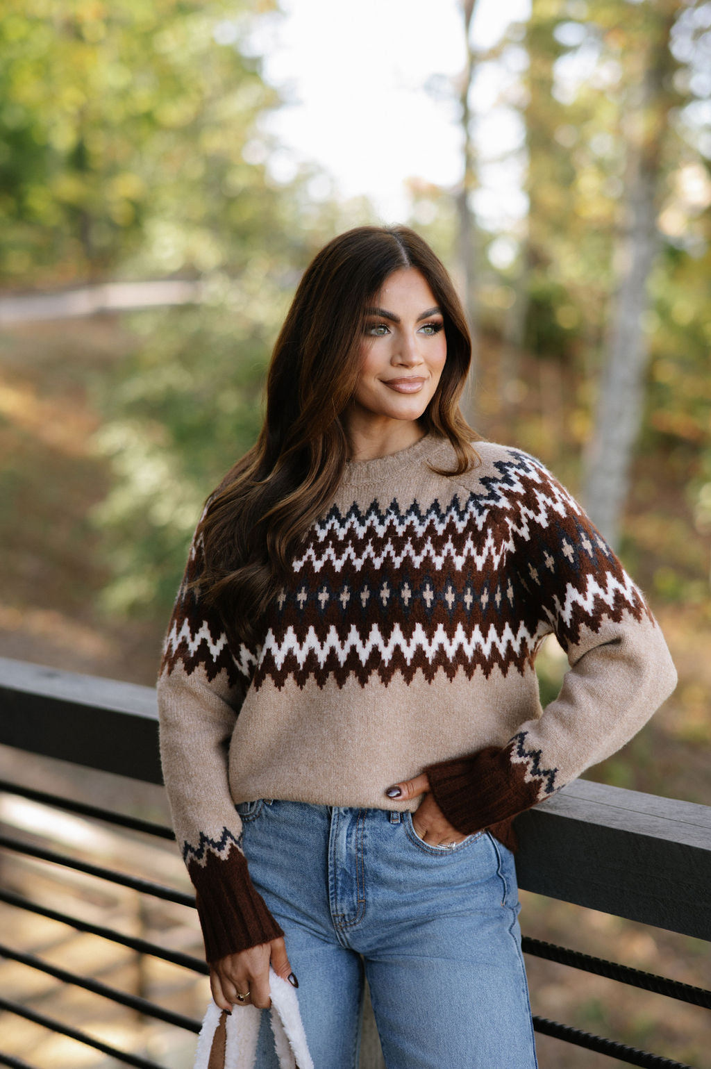 Emilee Crew Neck Sweater-Tan/Chocolate