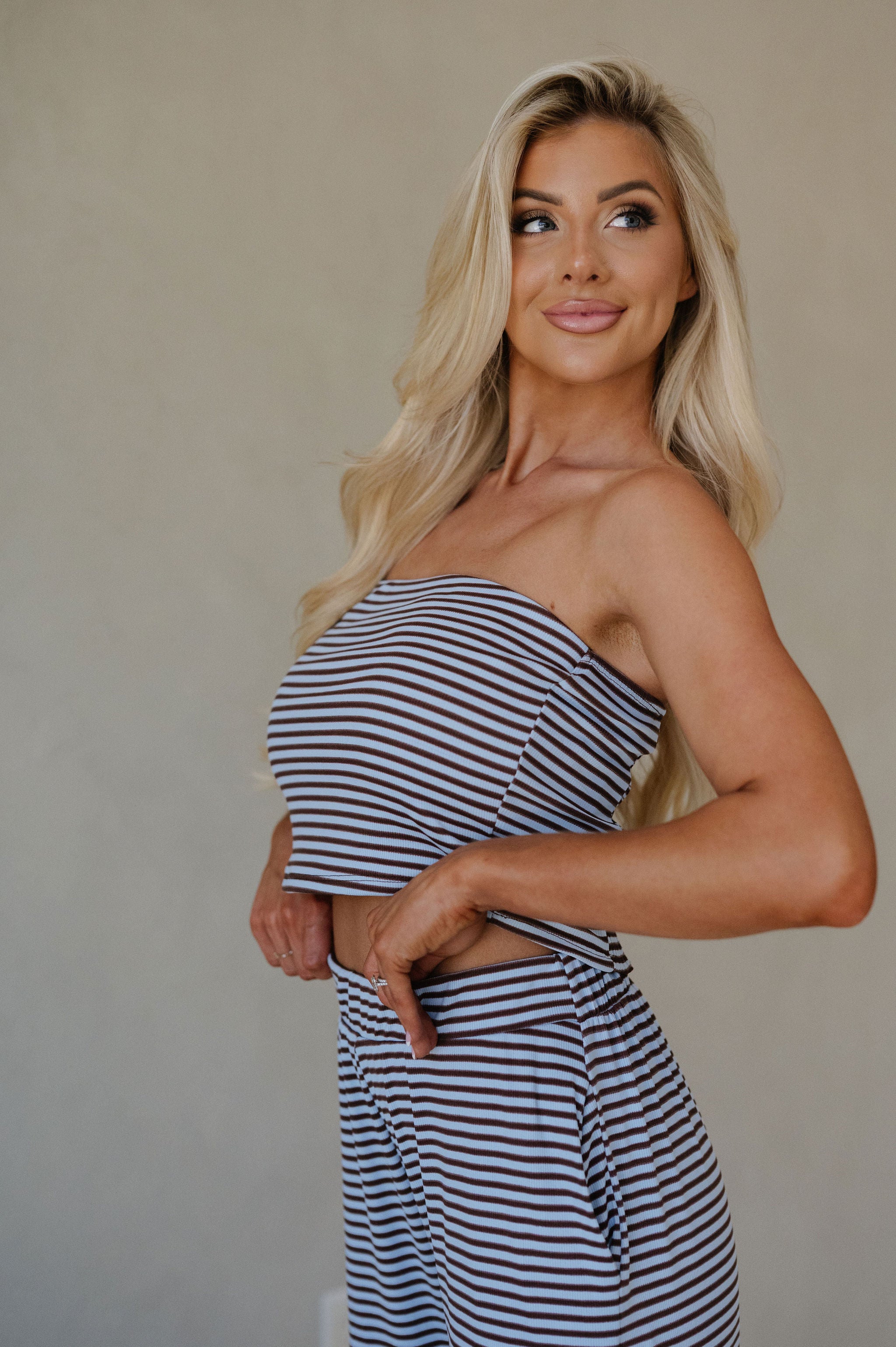 Bodhi Striped Pants Set-Brown/Sky Blue