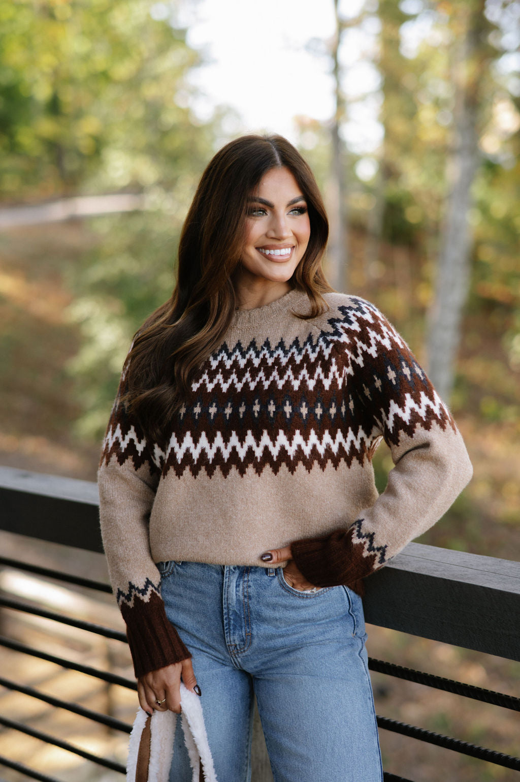 Emilee Crew Neck Sweater-Tan/Chocolate