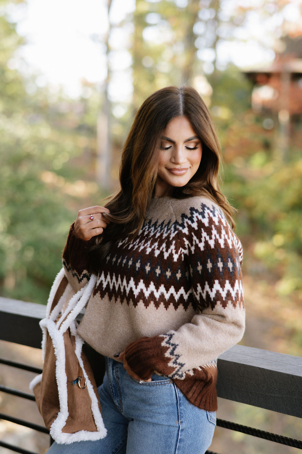 Emilee Crew Neck Sweater-Tan/Chocolate