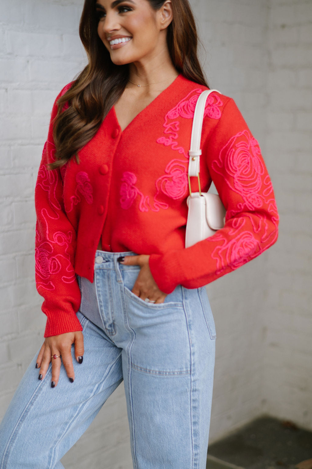 Benny Embroidered Cardigan- Red