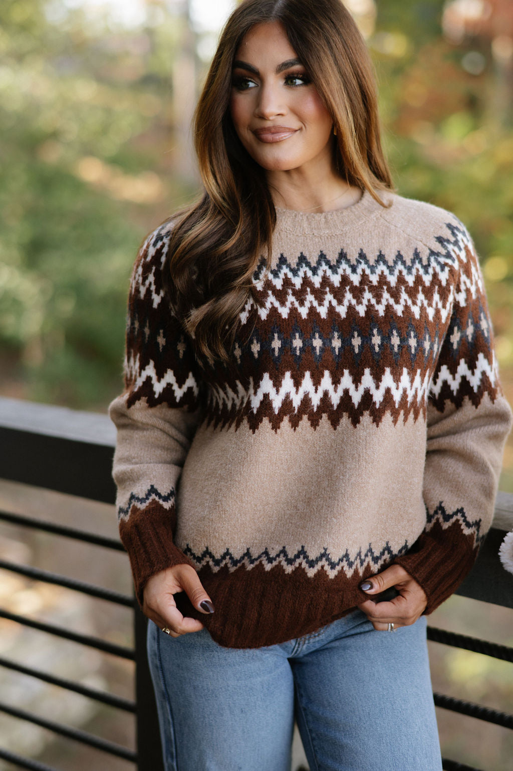 Emilee Crew Neck Sweater-Tan/Chocolate