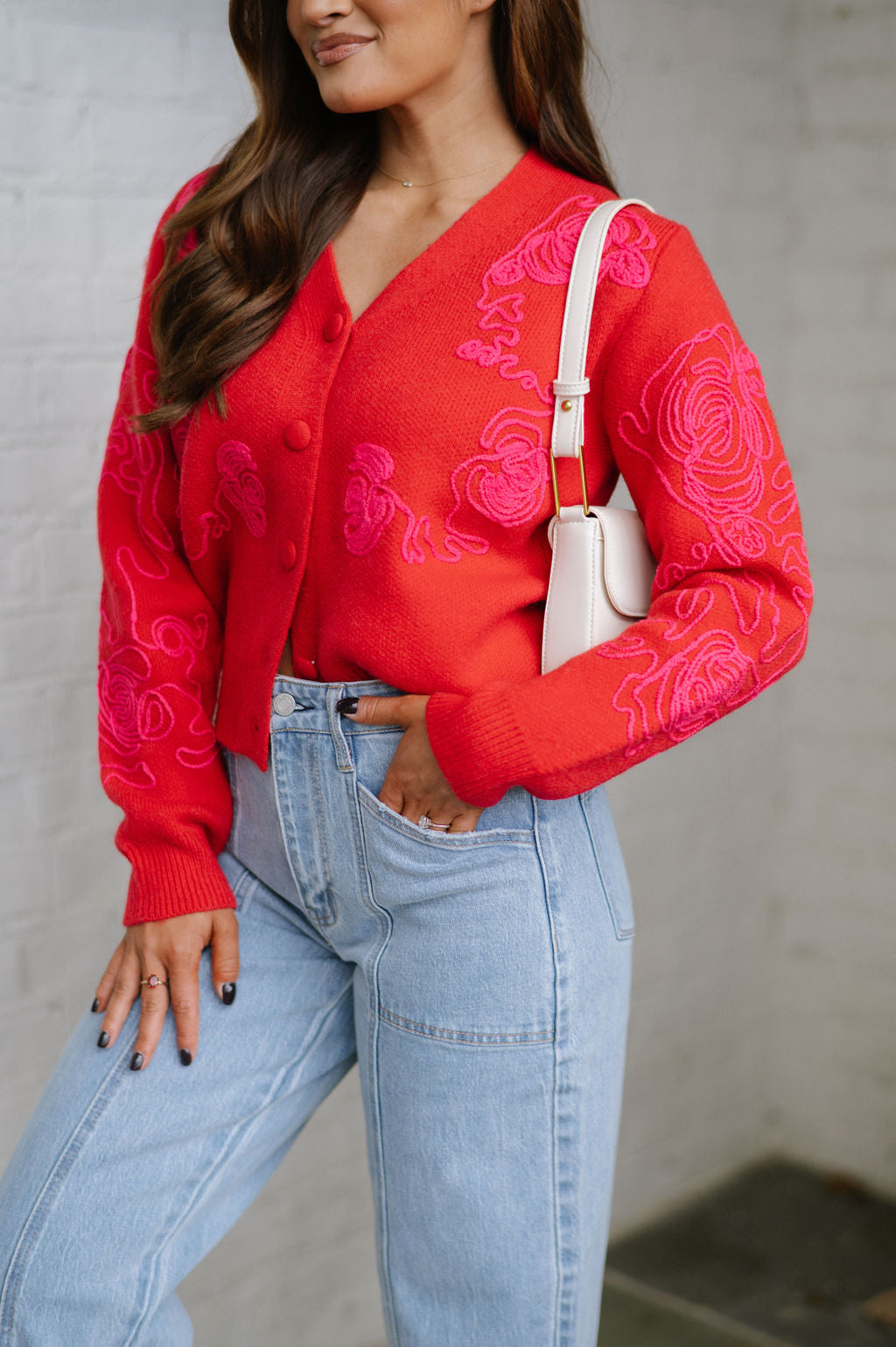 Benny Embroidered Cardigan- Red