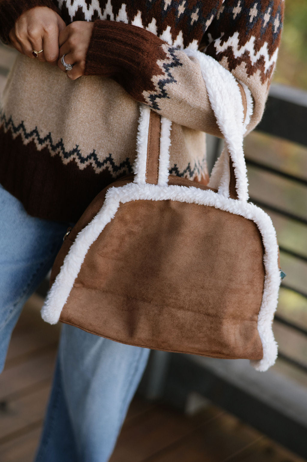 Fleece Trimmed Bag-Brown