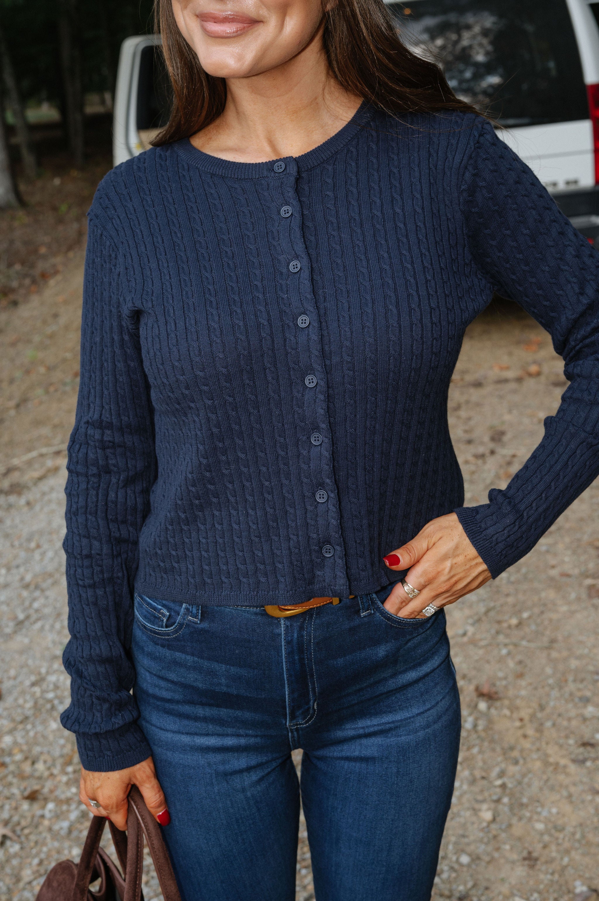 Brynn Cable Knit Cardigan-Navy