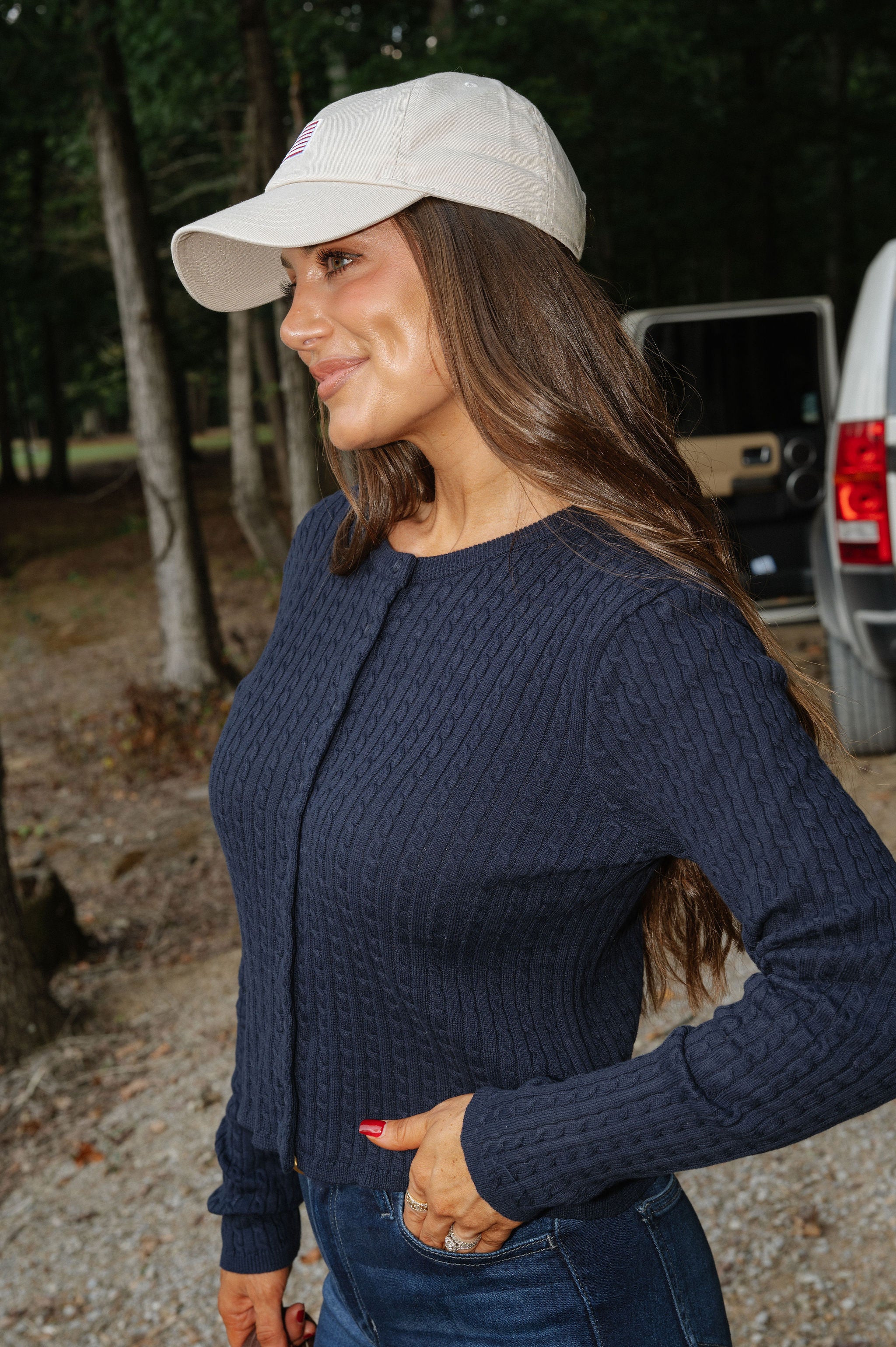 Brynn Cable Knit Cardigan-Navy