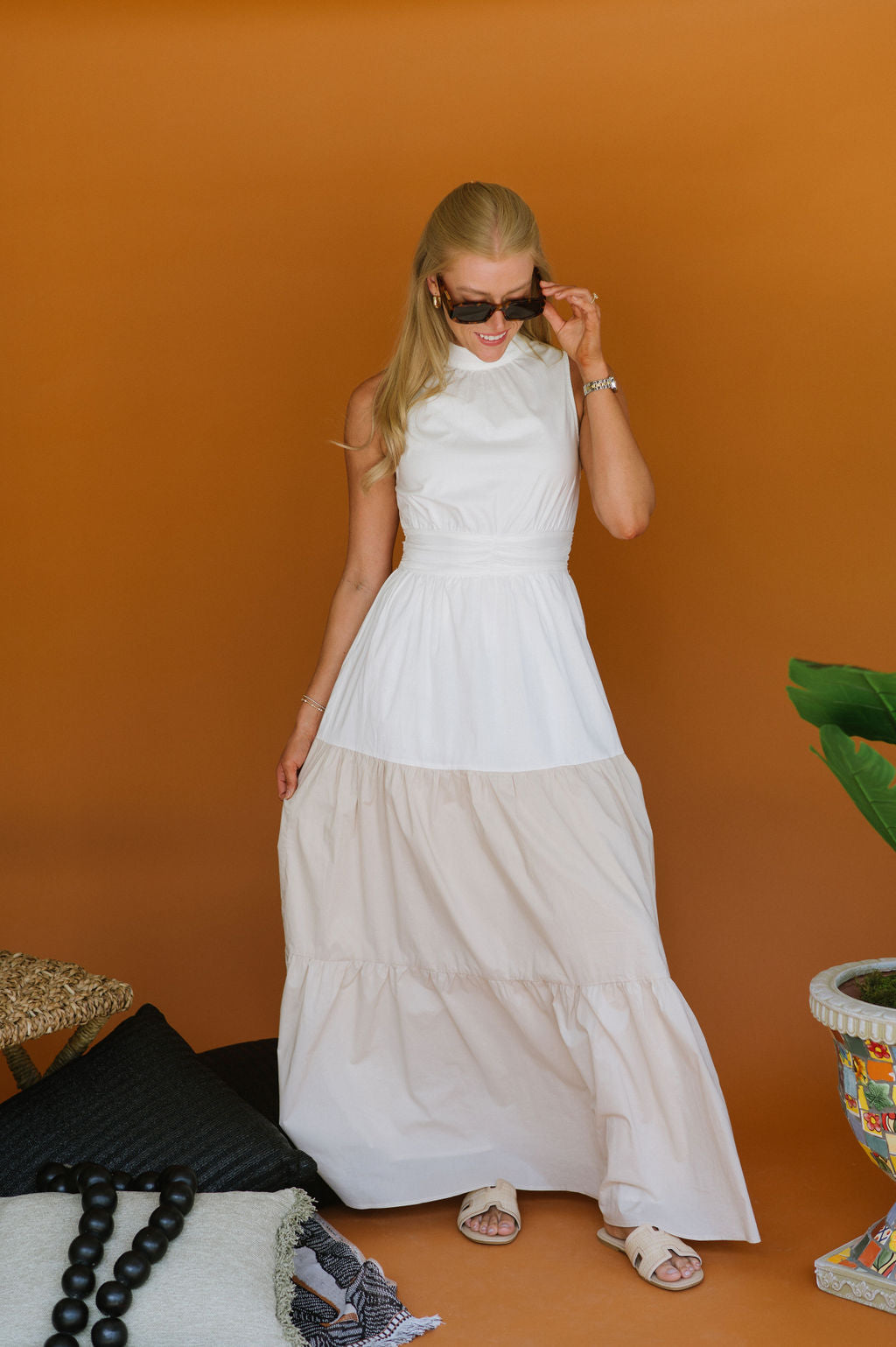 Riley Halter Maxi Dress-White/Taupe