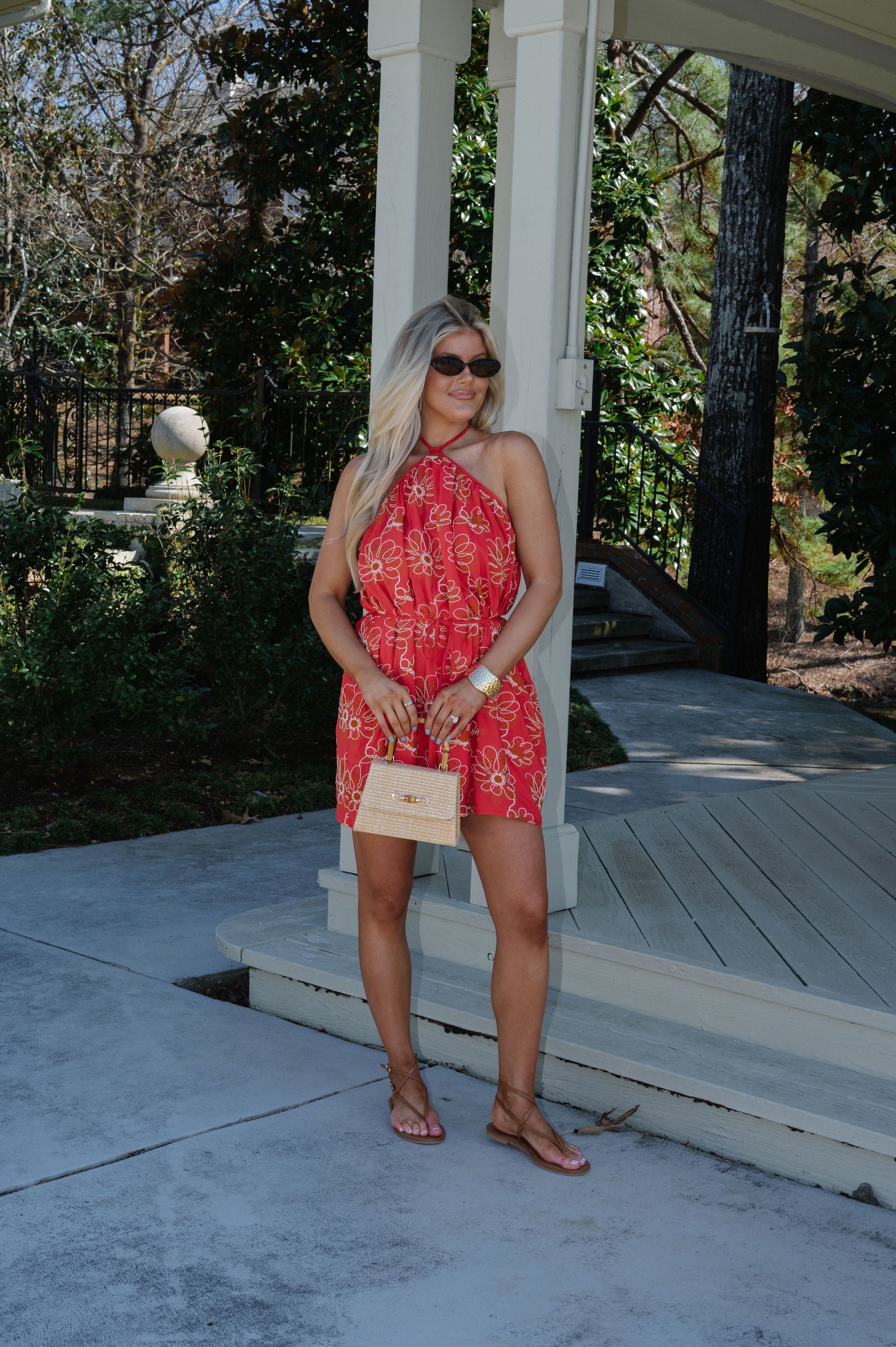 Archie Floral Halter Dress-Red