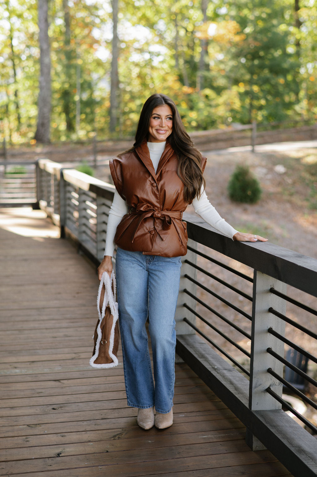 Belted Puffer Vest-Brown