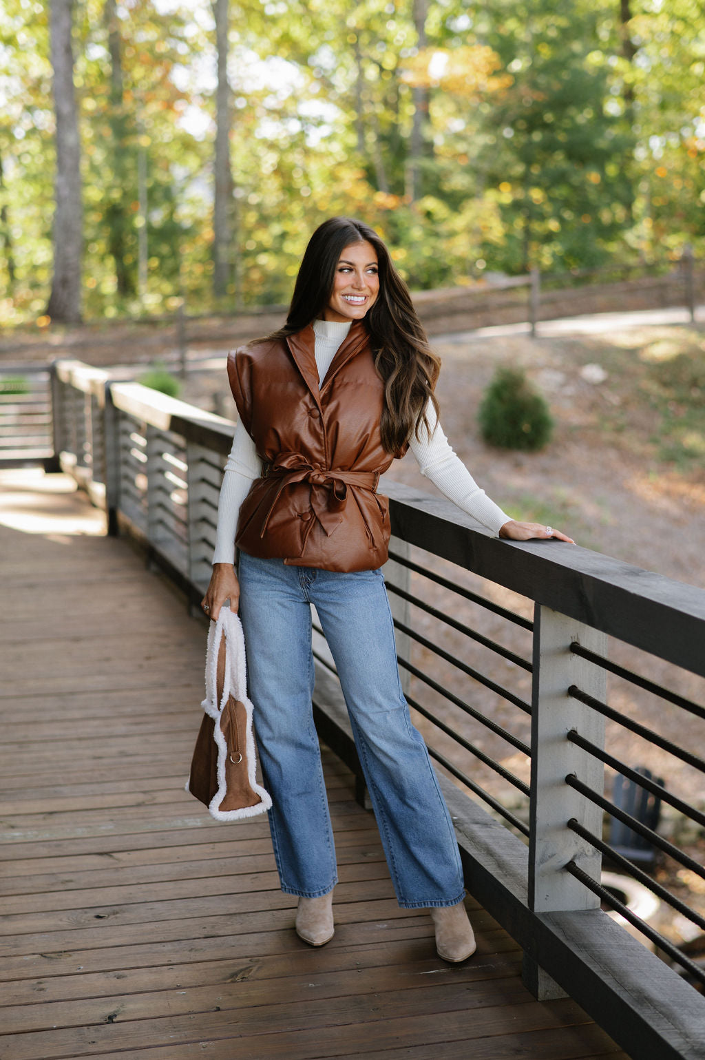 Belted Puffer Vest-Brown