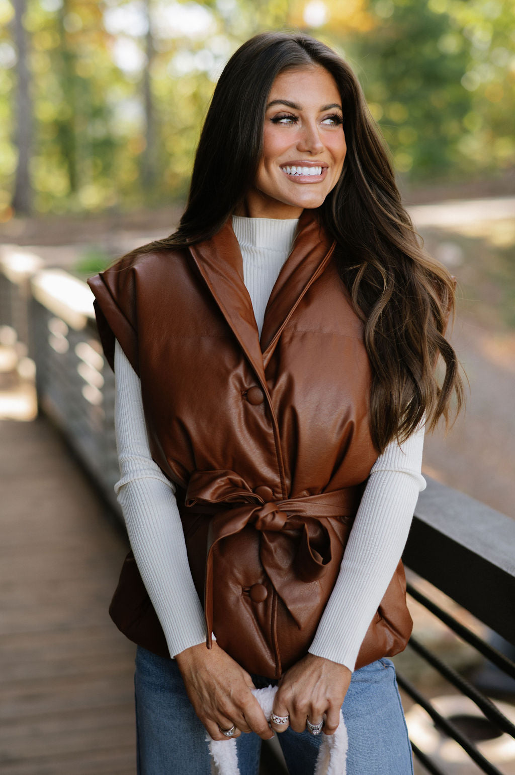 Belted Puffer Vest-Brown