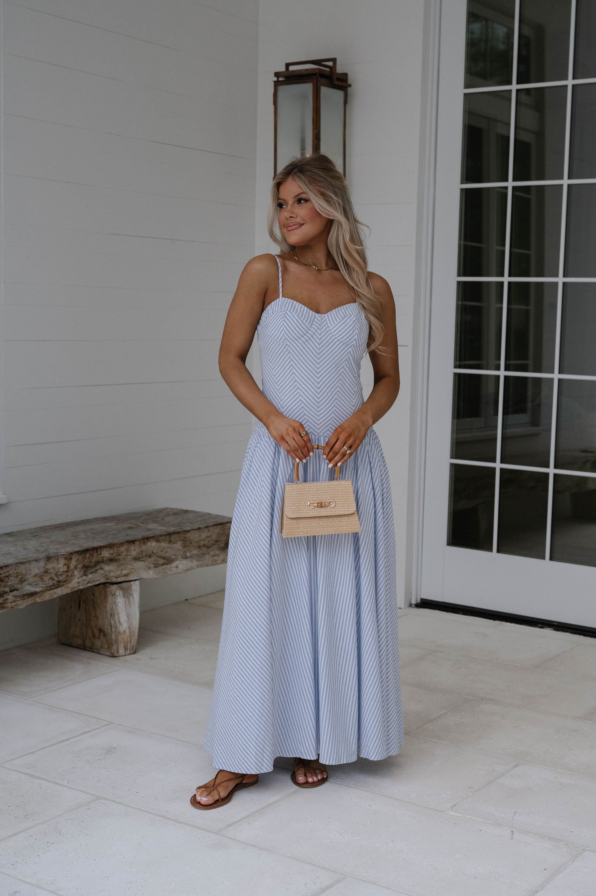 Sweetheart Striped Maxi Dress-Light Blue