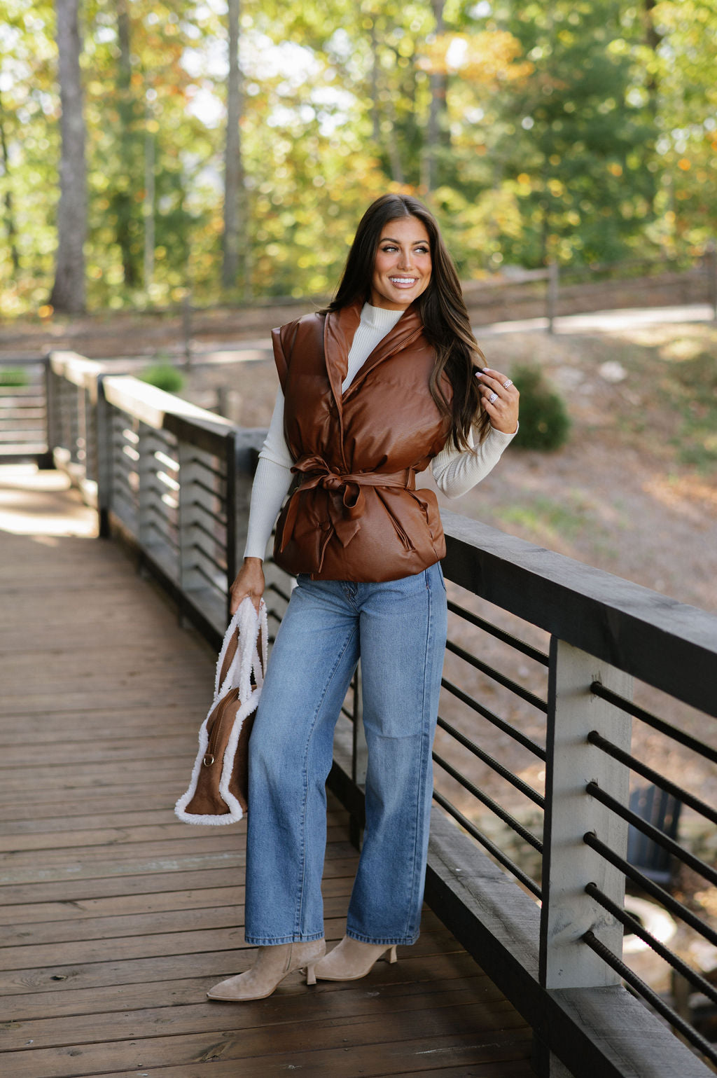 Belted Puffer Vest-Brown