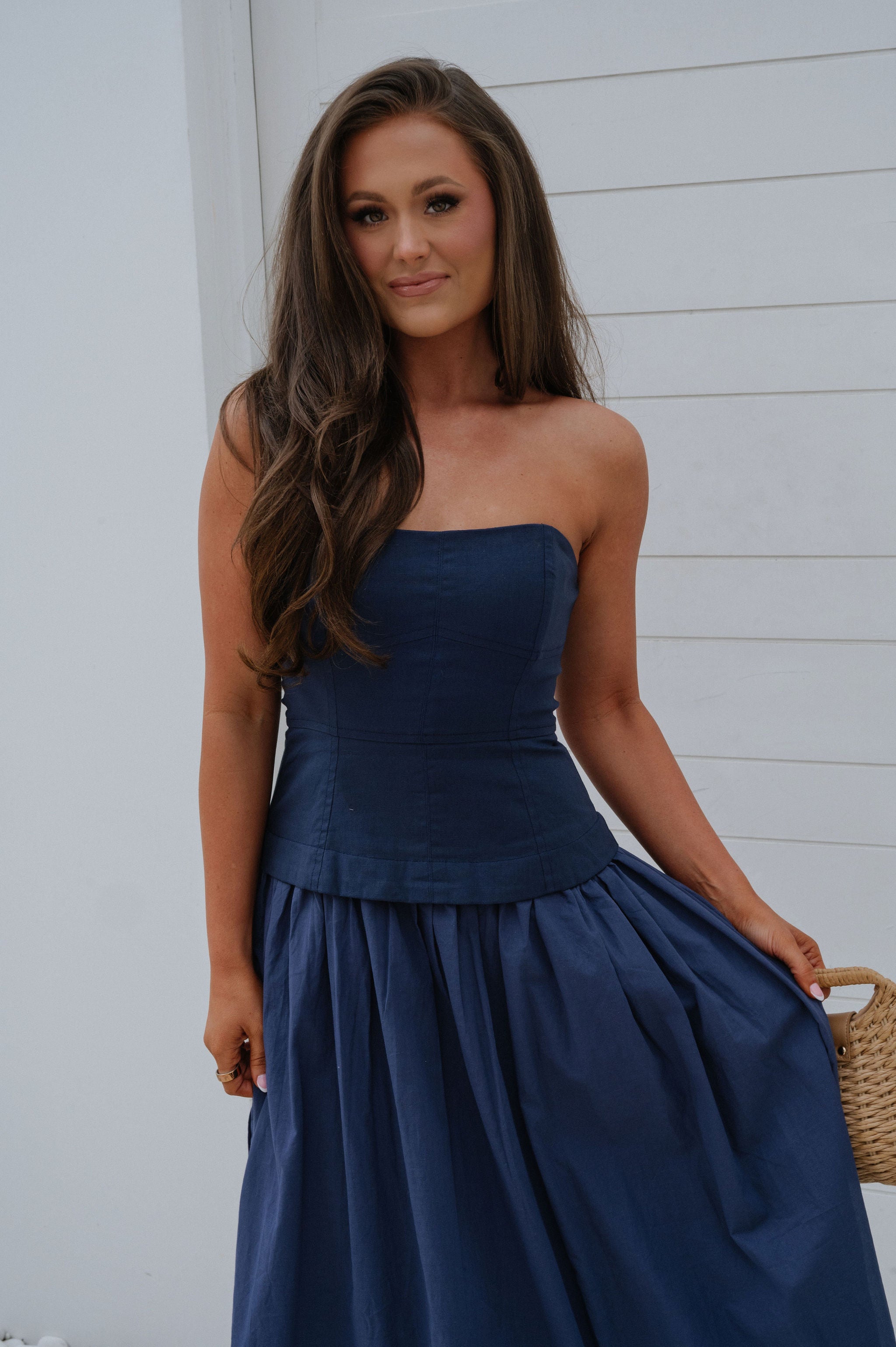 Corset Lined Strapless Dress-Navy