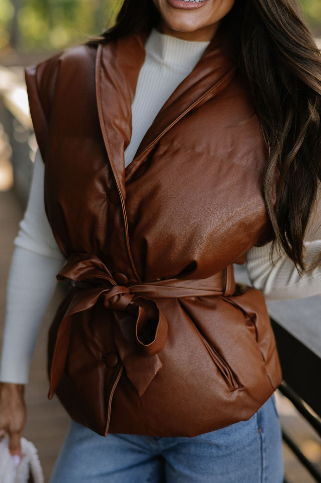 Belted Puffer Vest-Brown