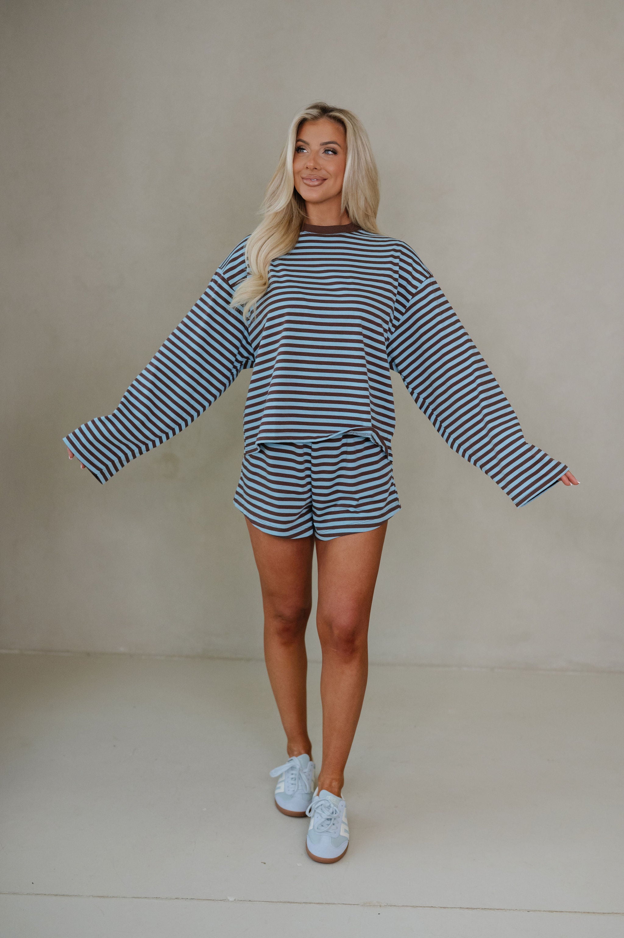 Anna Striped Shorts Set-Light Blue/Brown