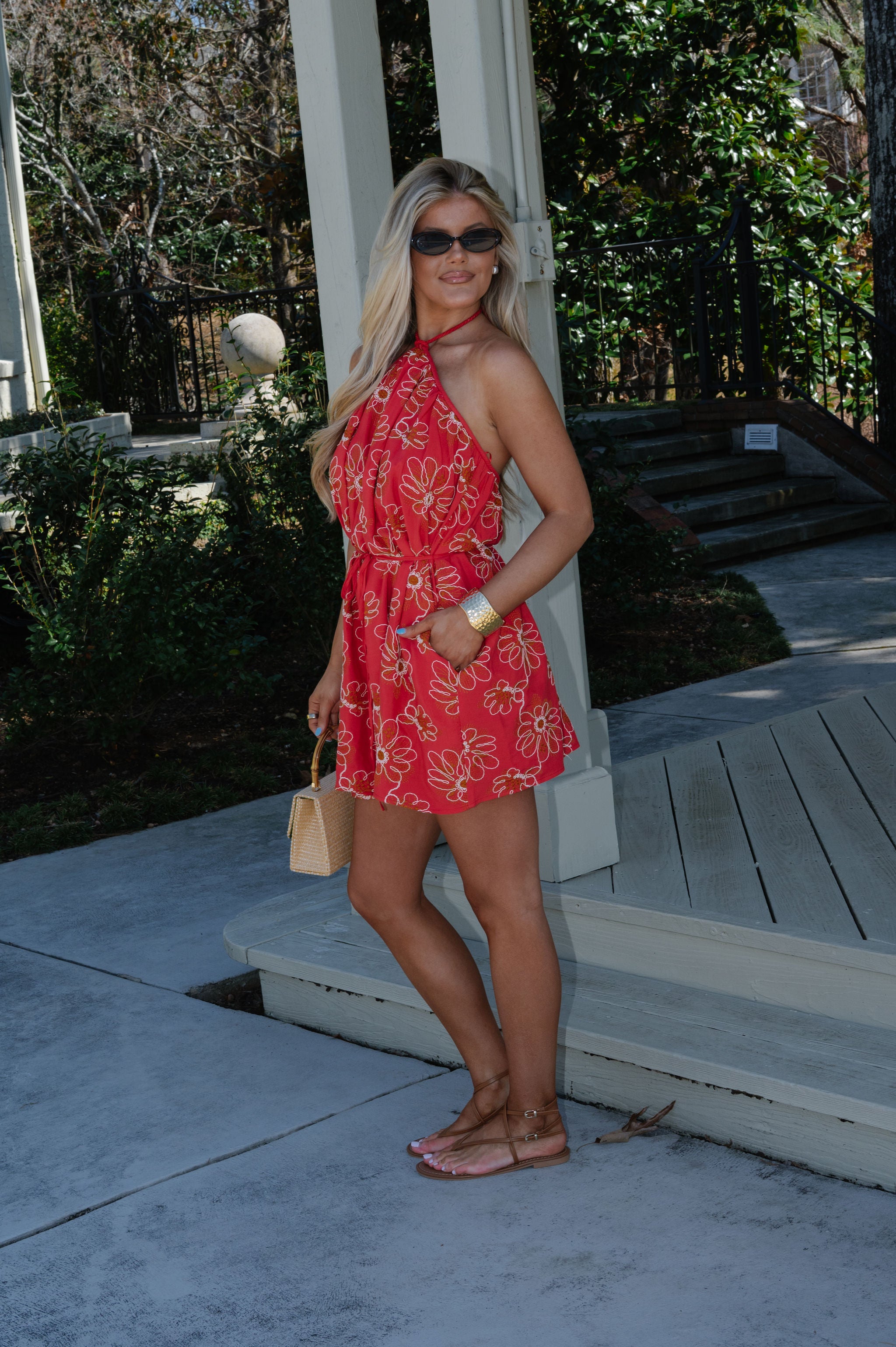 Archie Floral Halter Dress-Red