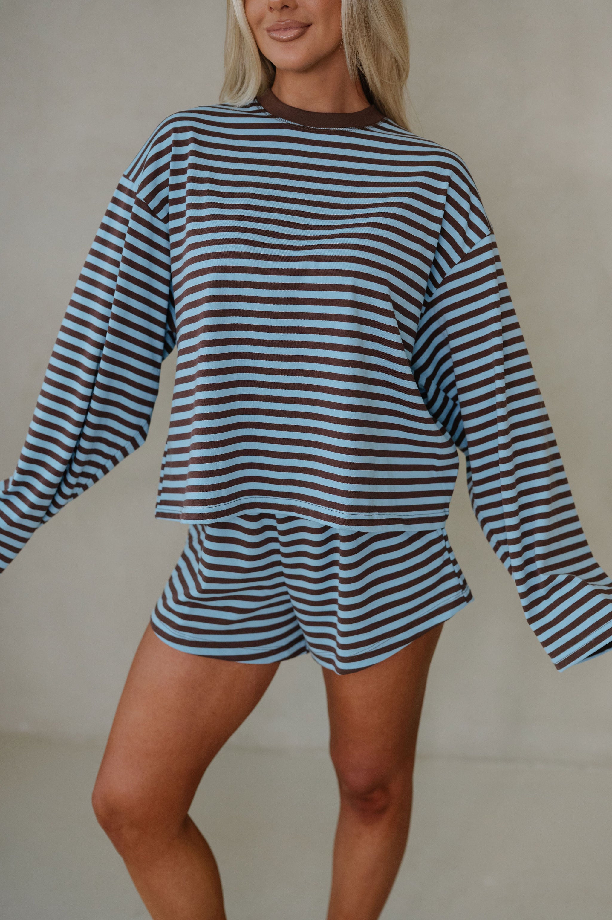Anna Striped Shorts Set-Light Blue/Brown
