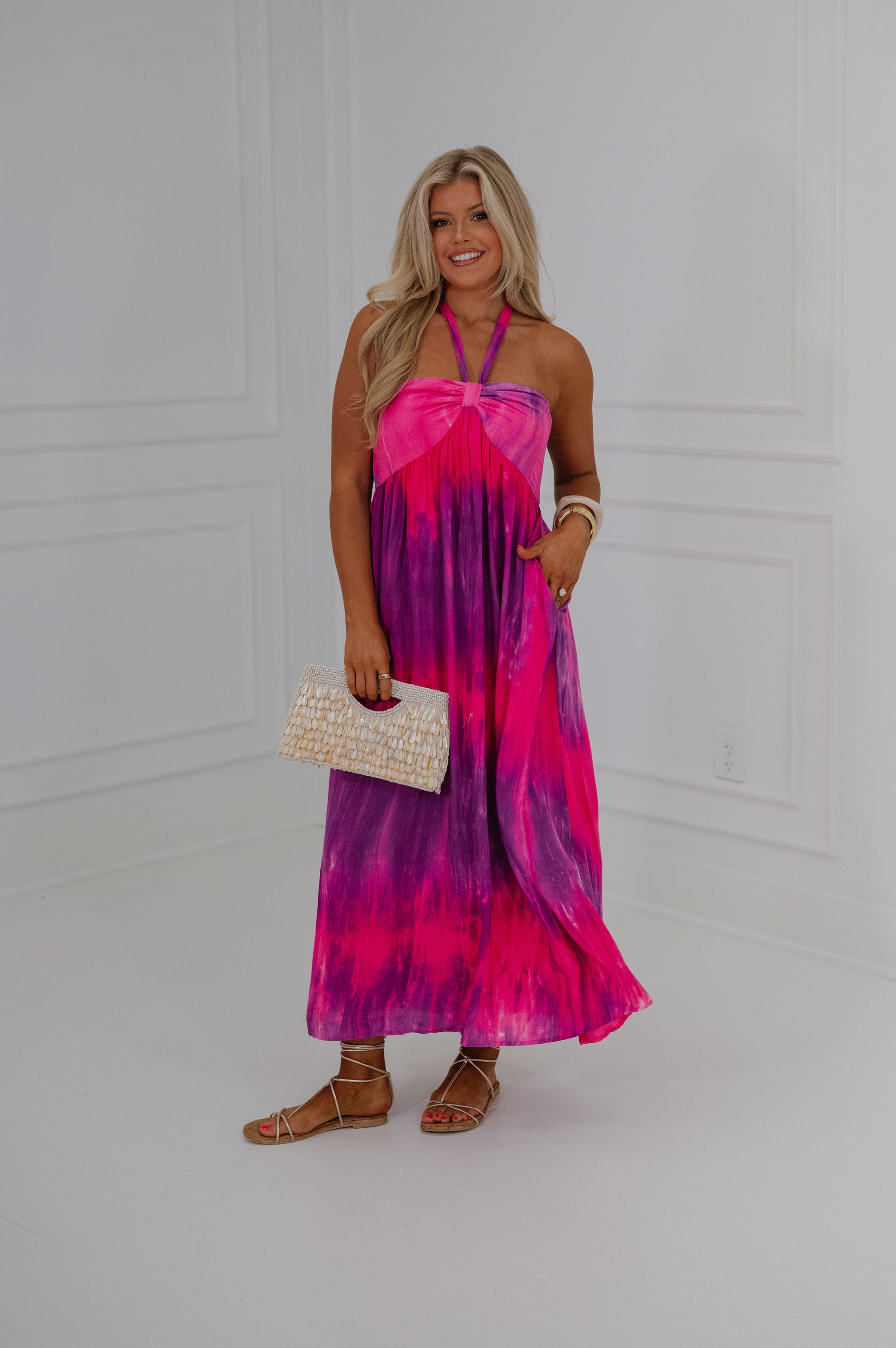 Tie Dye Print Halter Neck Maxi Dress-Multi