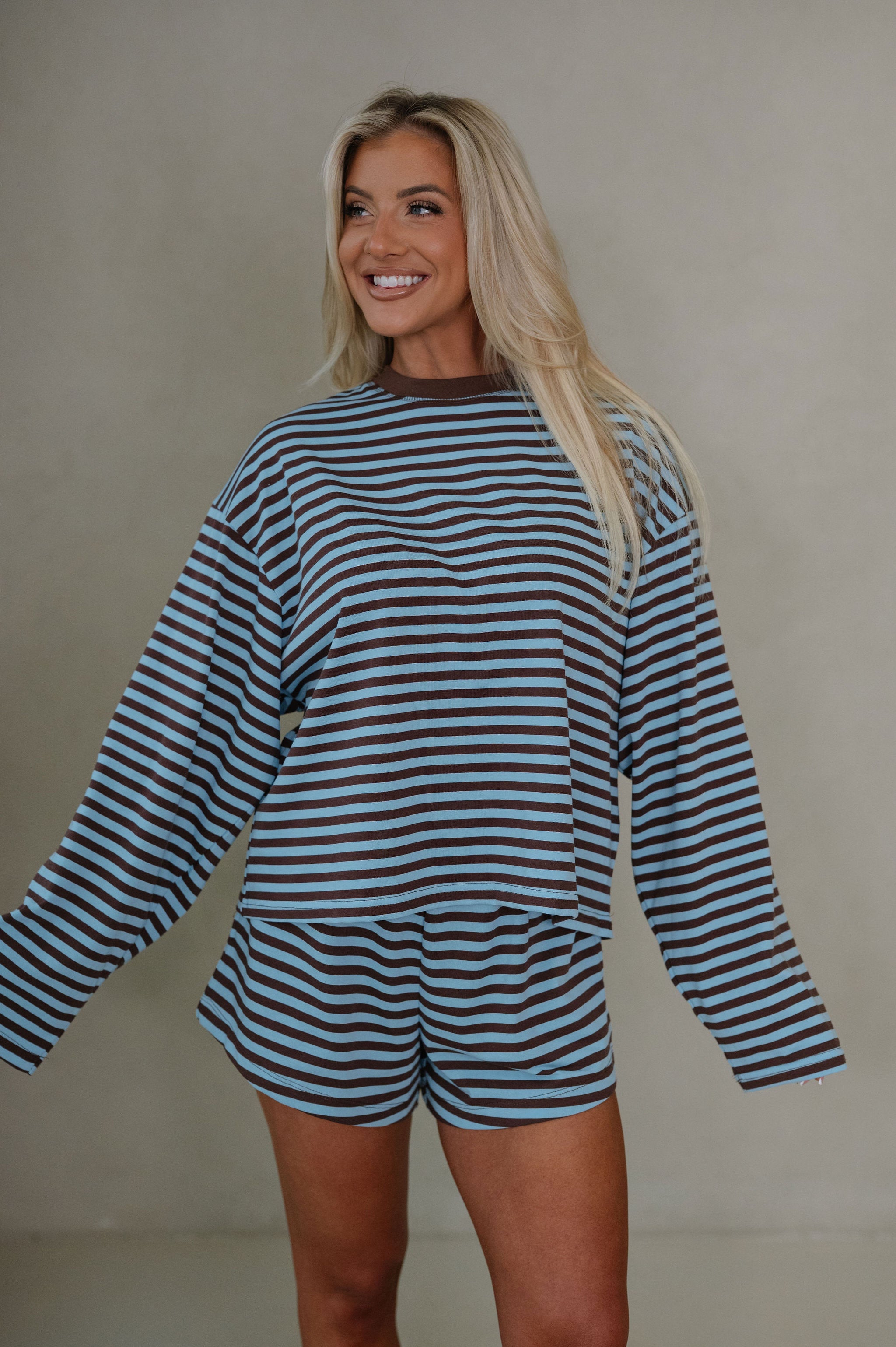 Anna Striped Shorts Set-Light Blue/Brown