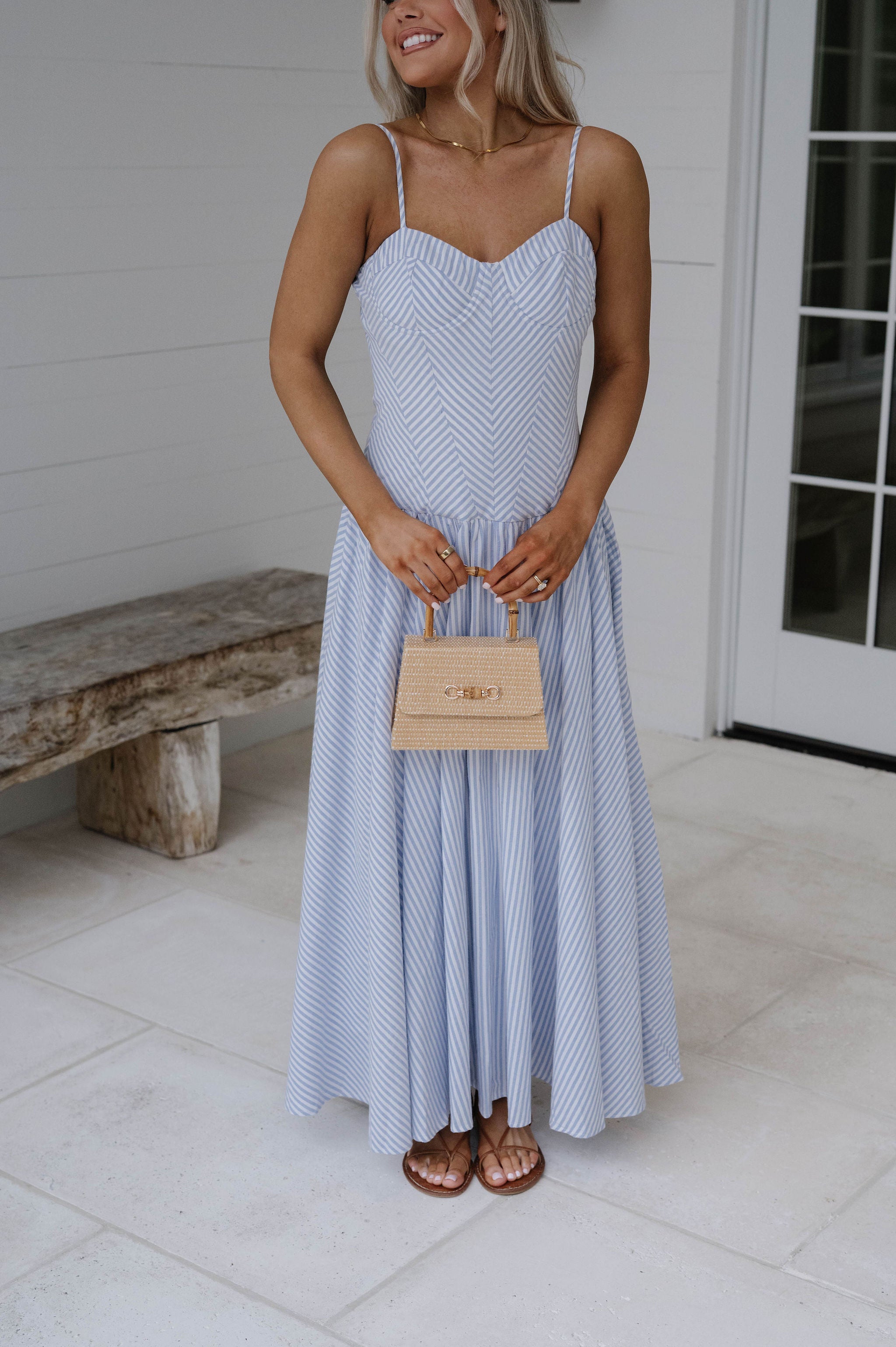 Sweetheart Striped Maxi Dress-Light Blue