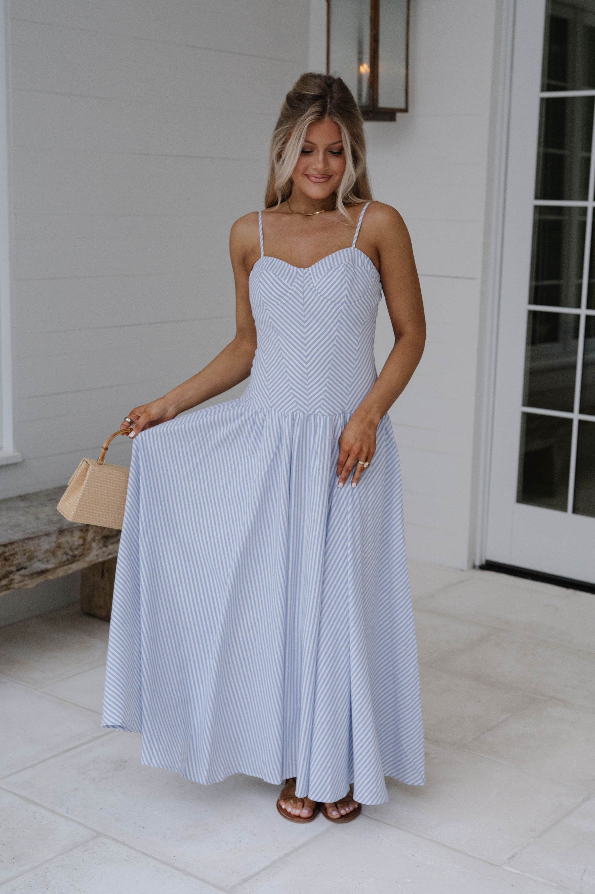 Sweetheart Striped Maxi Dress-Light Blue