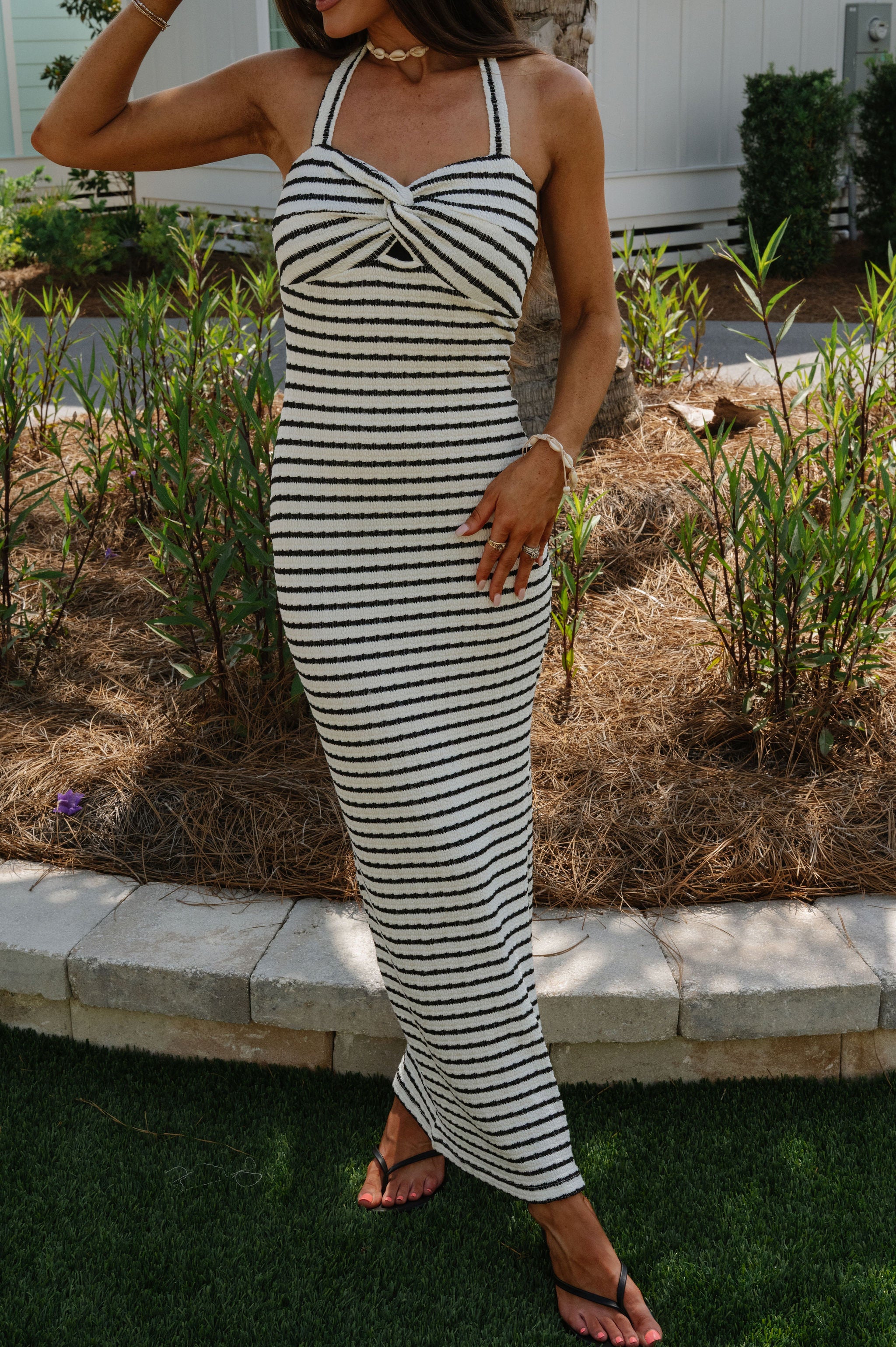 Jane Striped Halter Dress-Ivory/Black