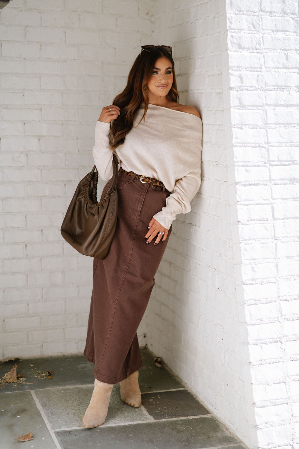 Off the Shoulder Ribbed Sweater-Oatmeal