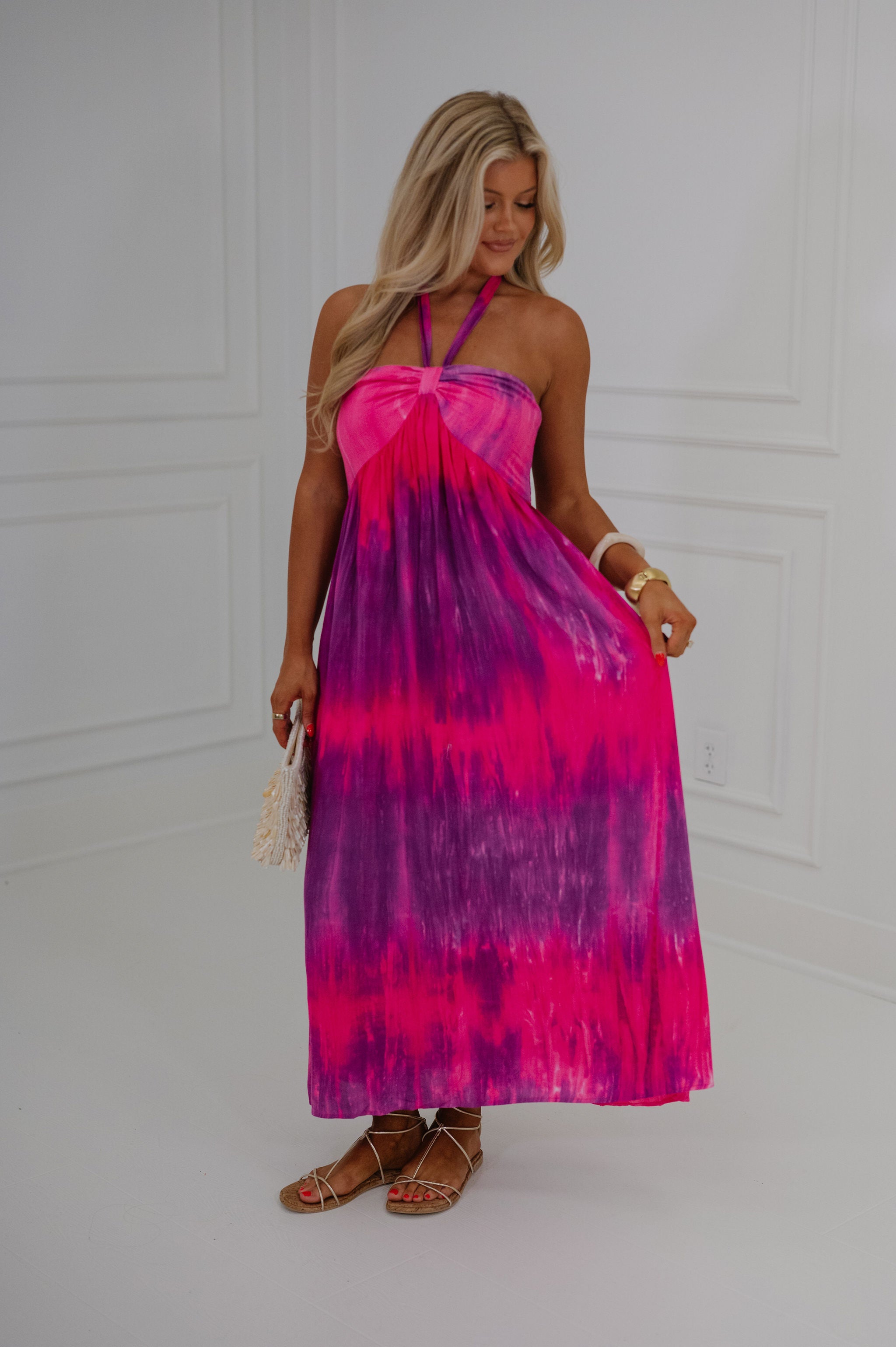 Tie Dye Print Halter Neck Maxi Dress-Multi