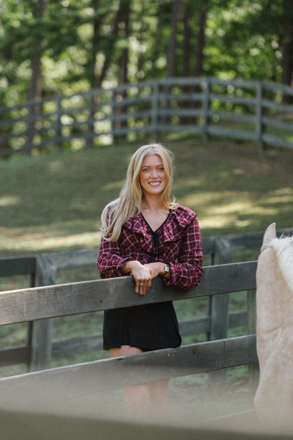 V Neck Plaid Top-Wine