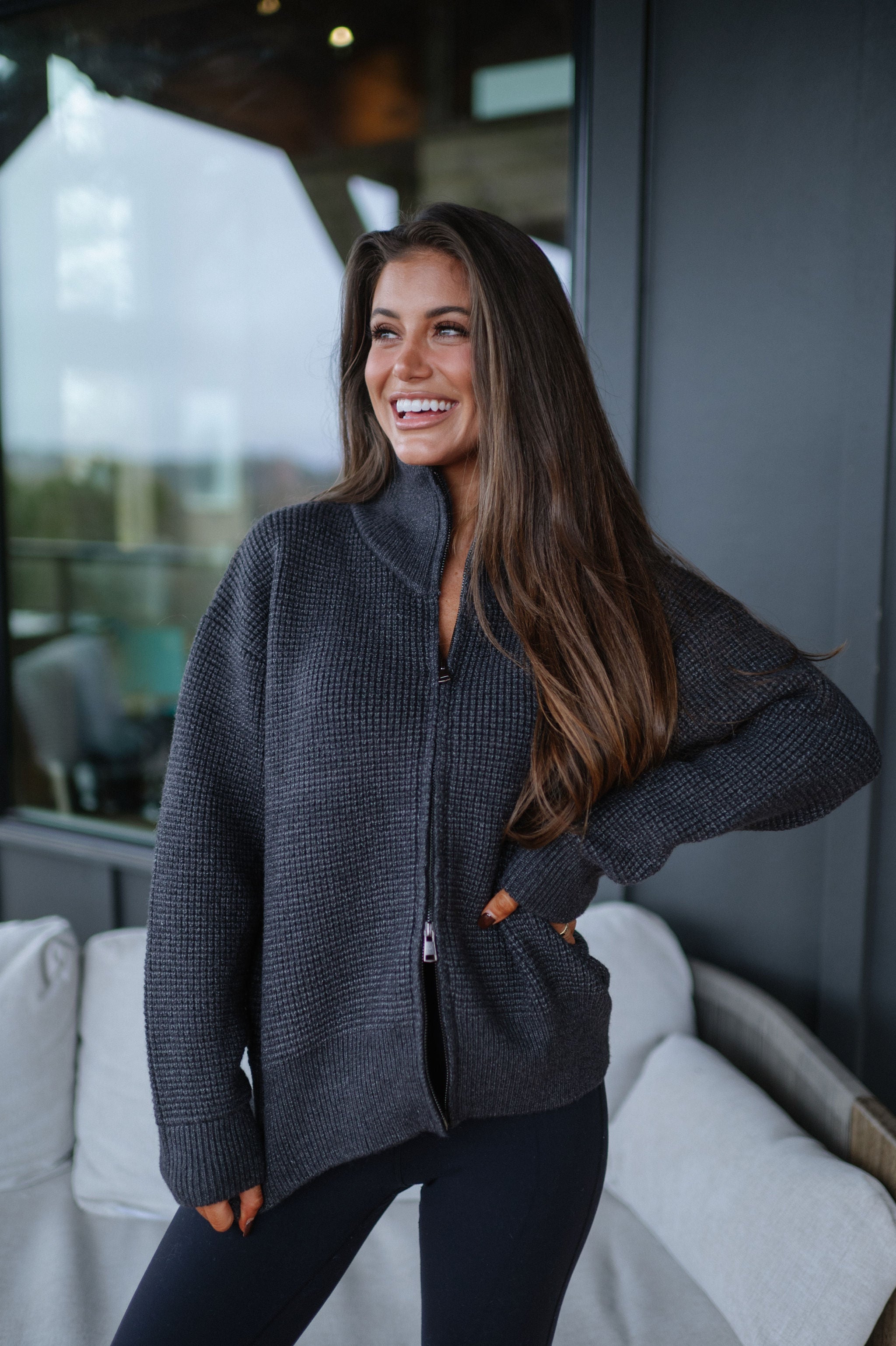 Two Way Waffle Knit Zip Up-Charcoal