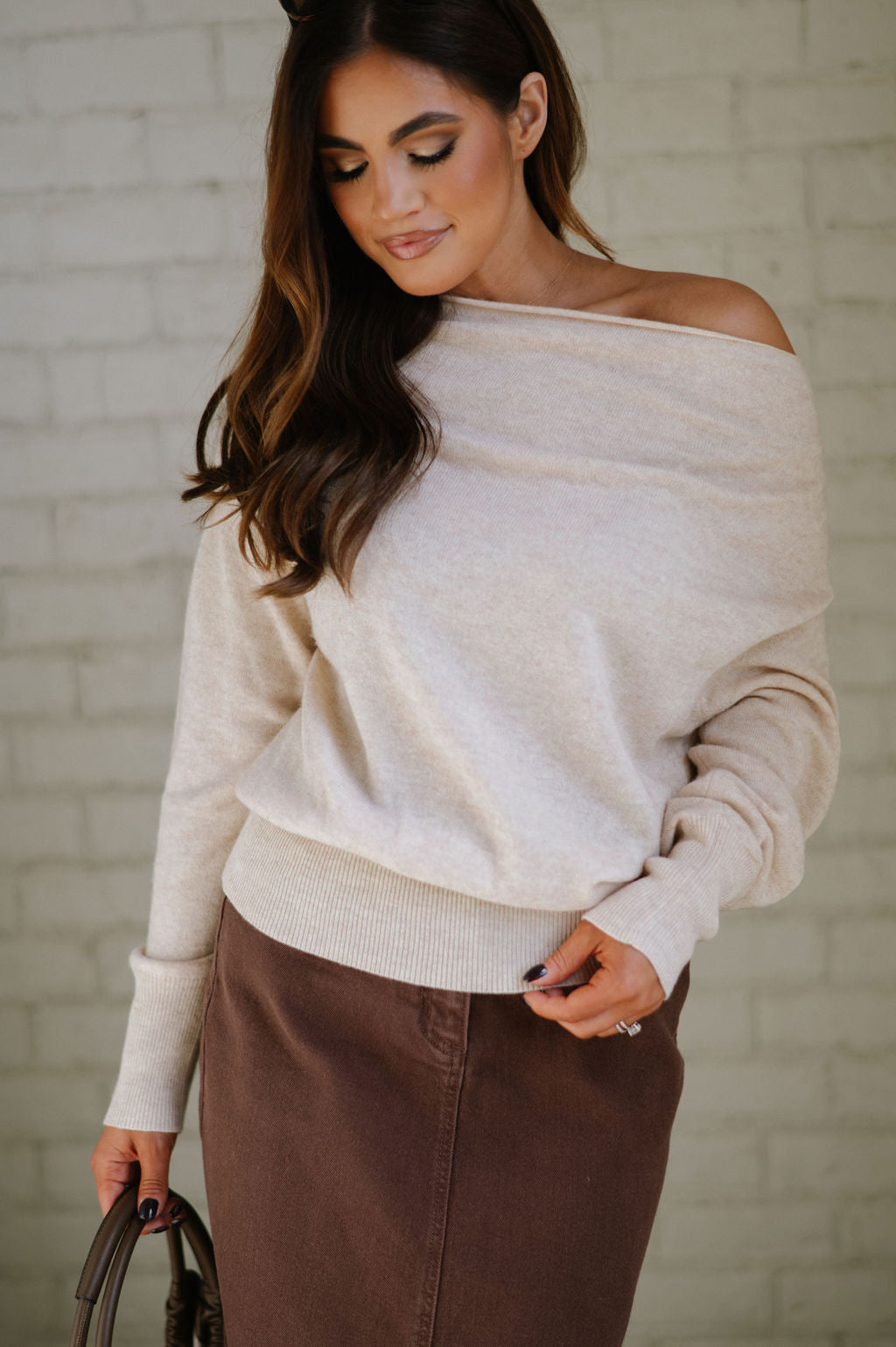 Off the Shoulder Ribbed Sweater-Oatmeal