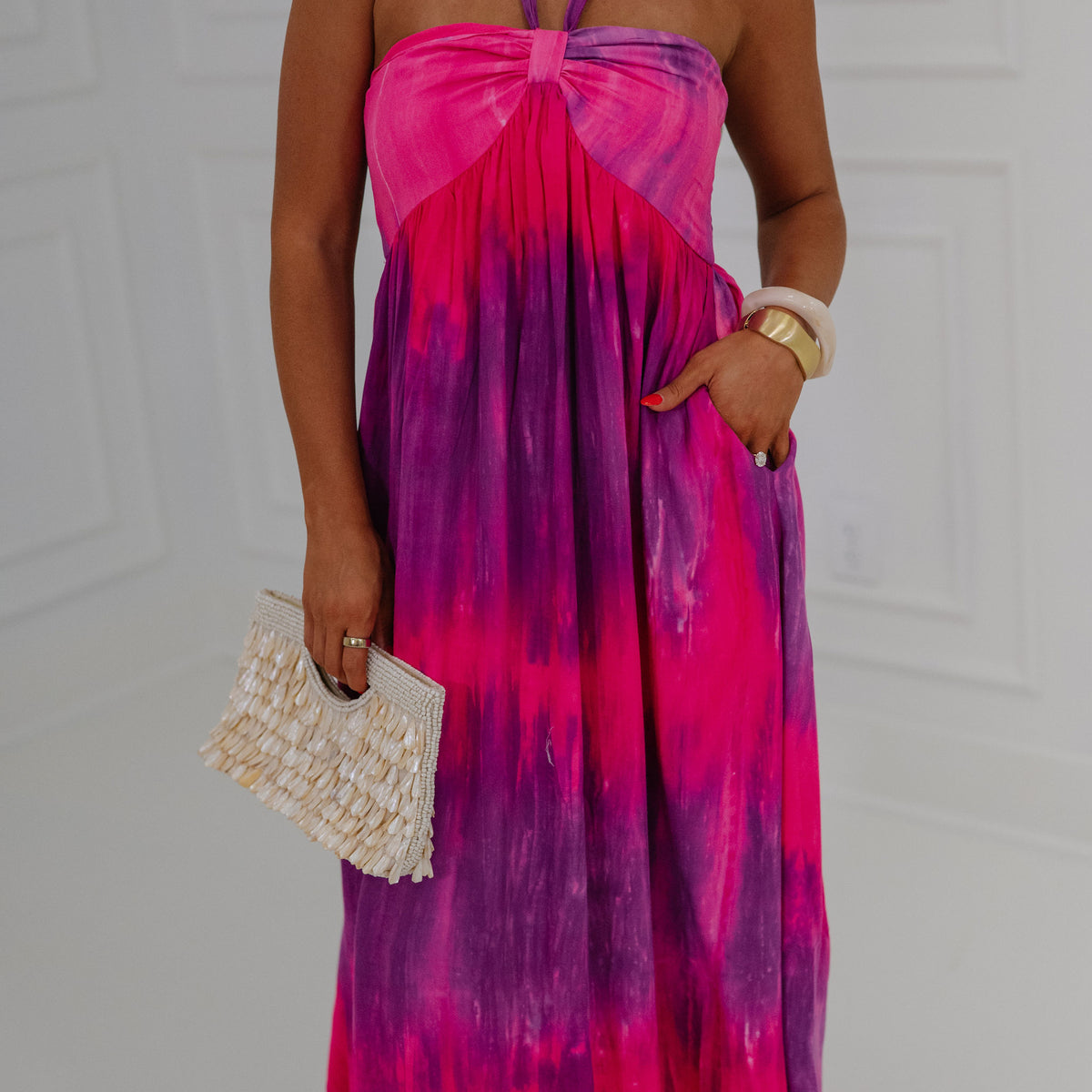 Tie Dye Print Halter Neck Maxi Dress-Multi S
