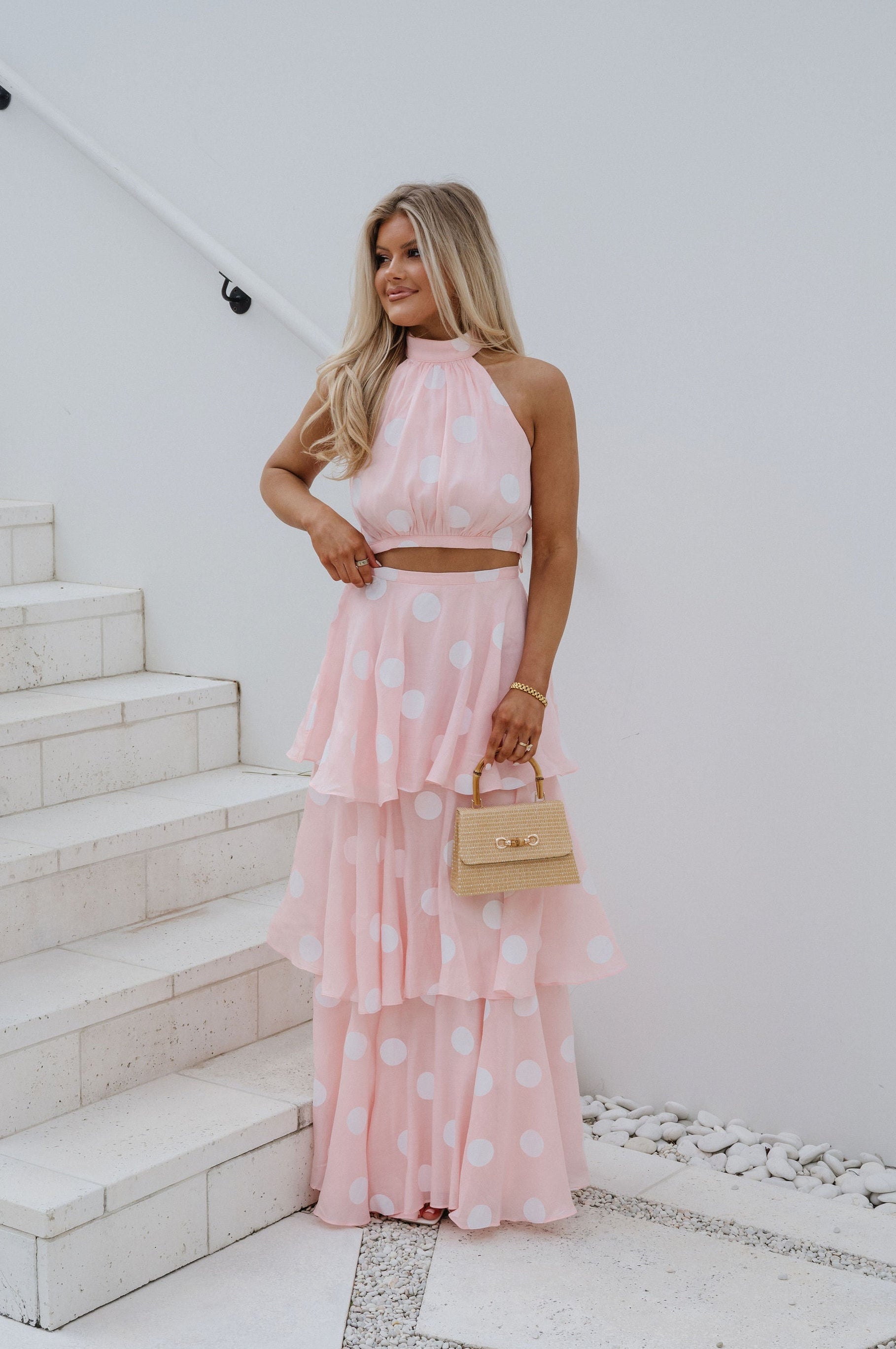 Spring Polka Dot Halter Neck Skirt Set-Pink