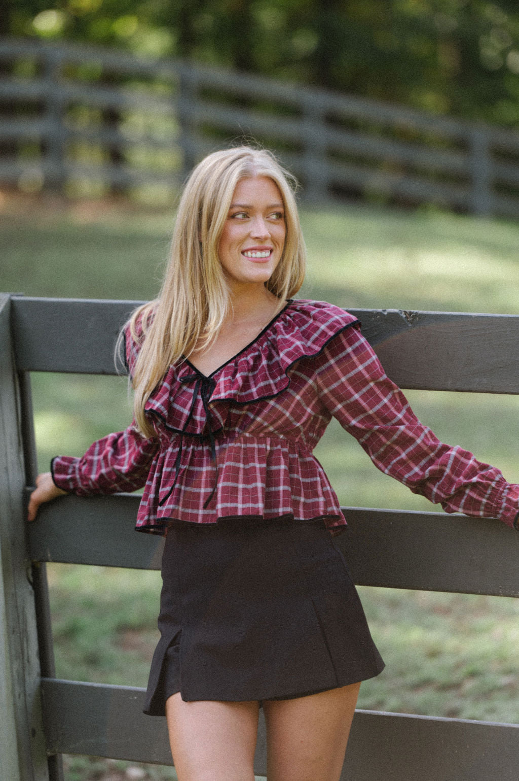 V Neck Plaid Top-Wine