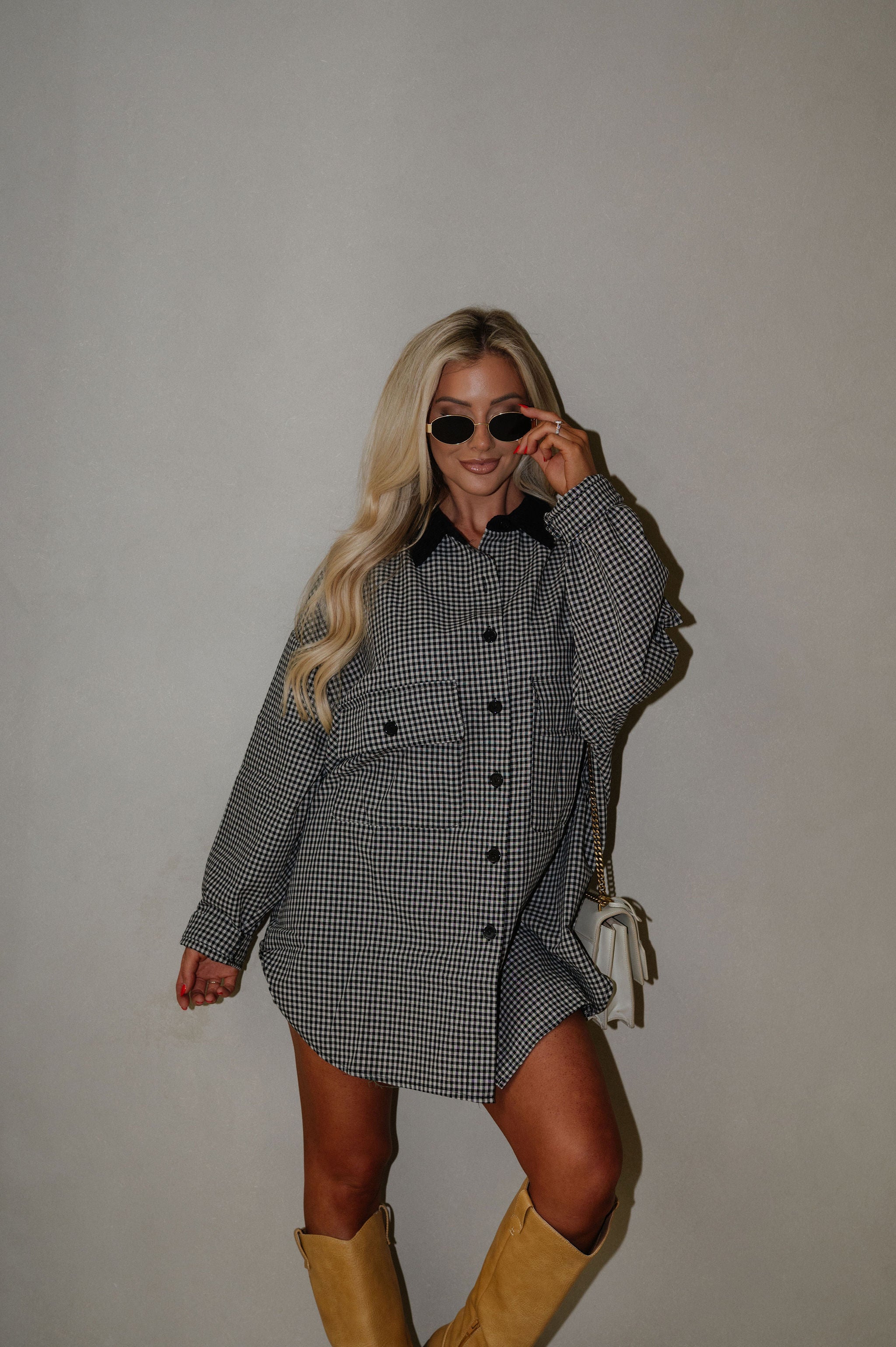 Sully Checkered Button Down-Black/Light Taupe