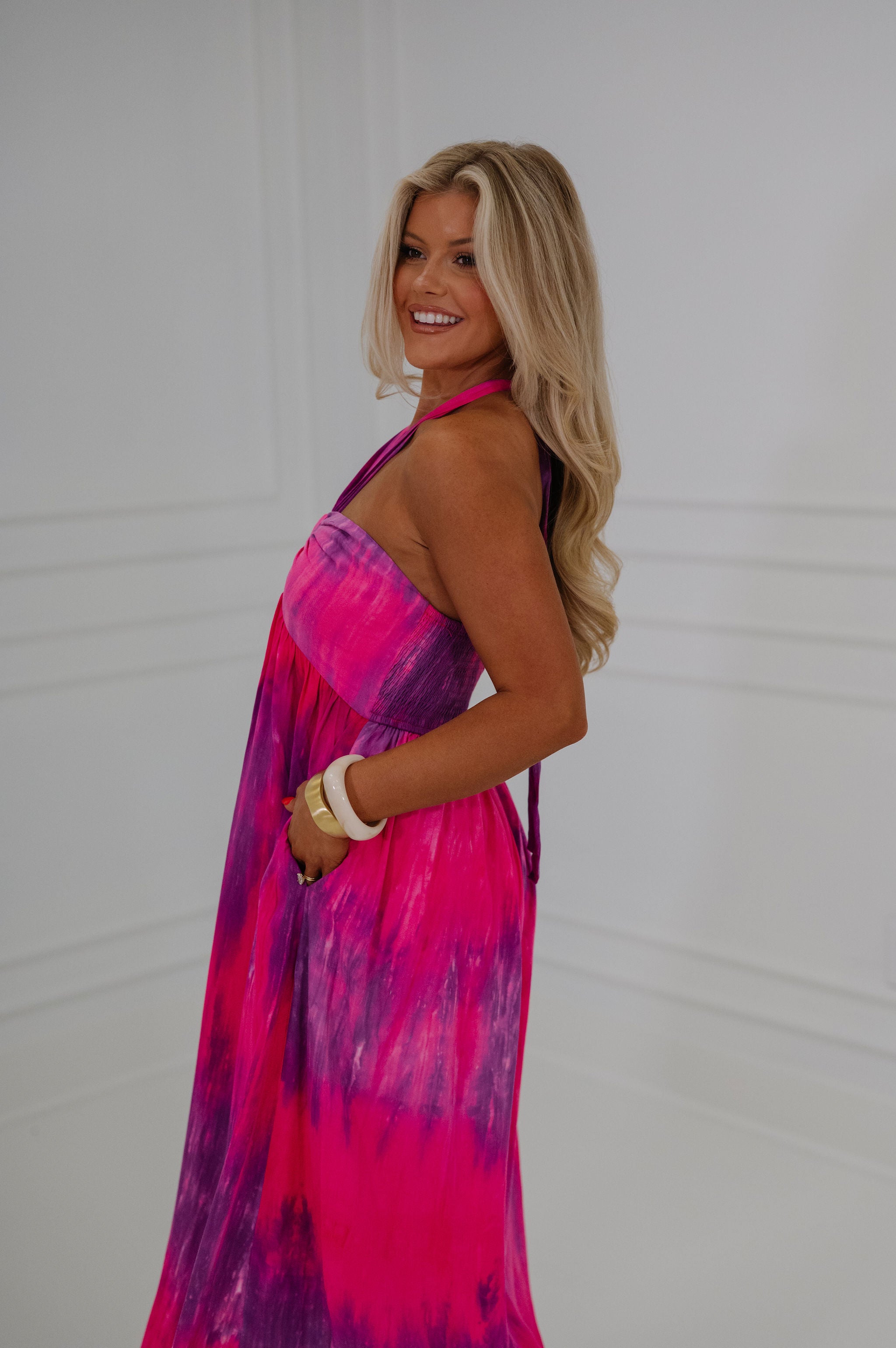 Tie Dye Print Halter Neck Maxi Dress-Multi