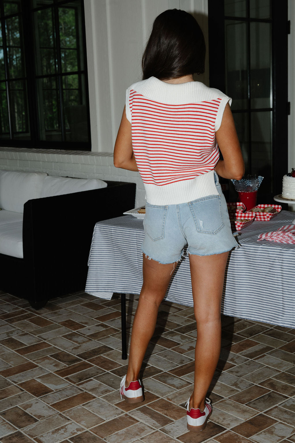 V-Neck Striped Top-Red