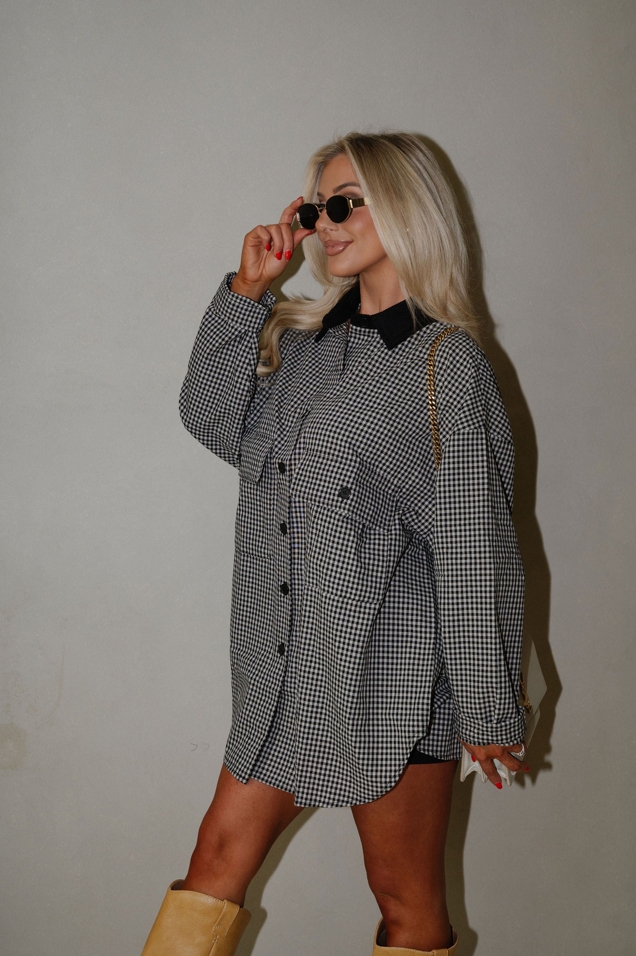 Sully Checkered Button Down-Black/Light Taupe