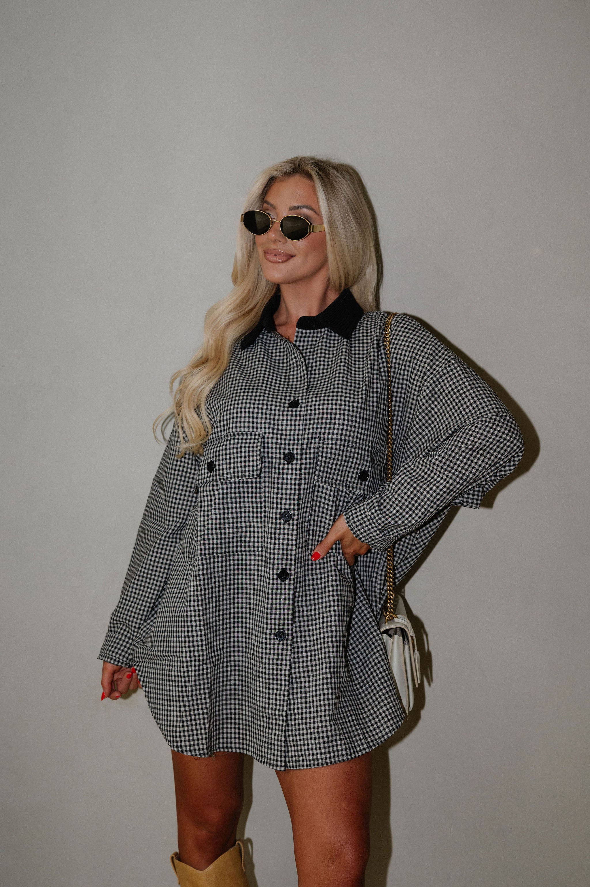 Sully Checkered Button Down-Black/Light Taupe